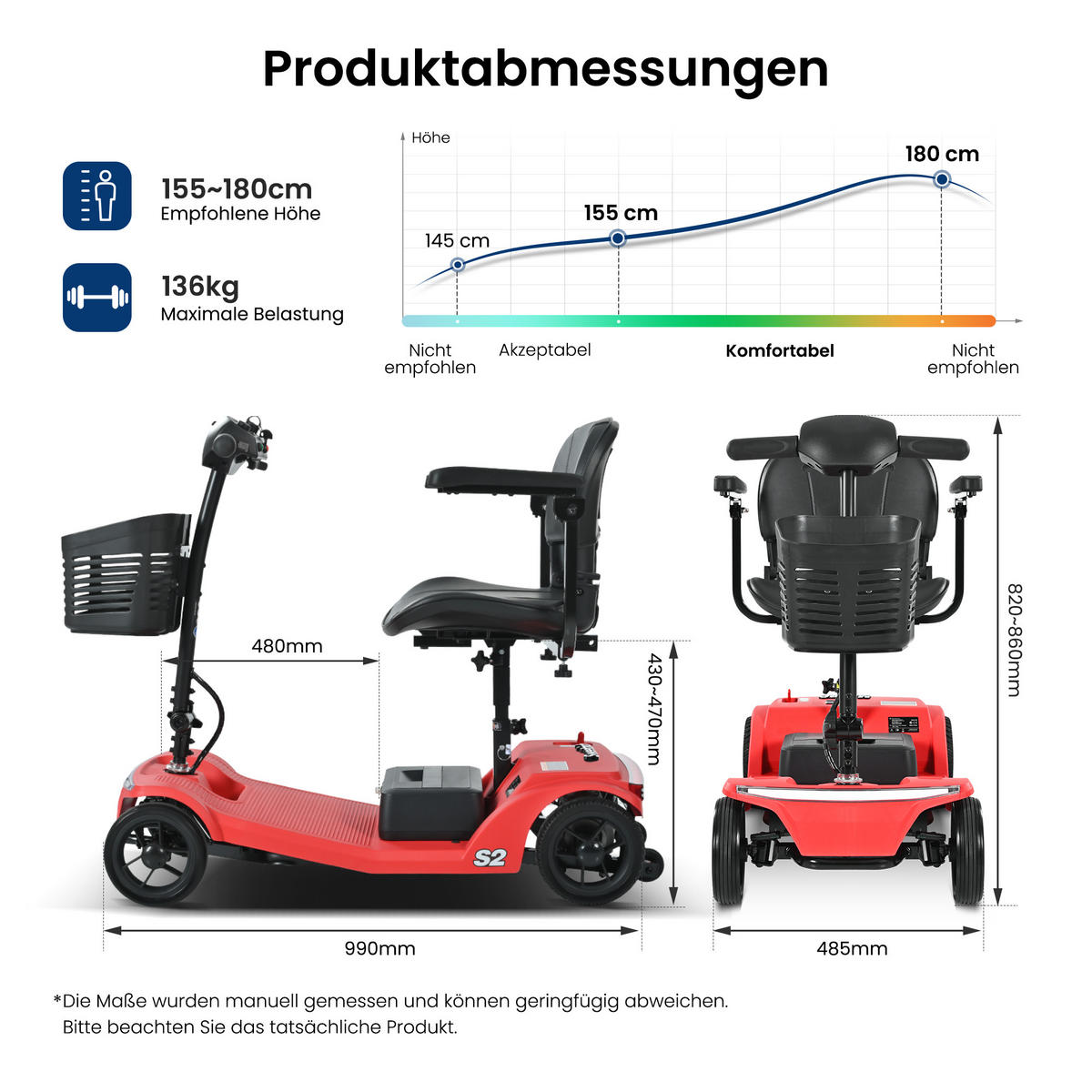 ELEKTROMOBIL mit vier Rädern für Senioren, Tragkraft 136 kg, Geschwindigkeit 6 km/h - Rot, Metall (99.9/82/48.5cm) - Gisaae