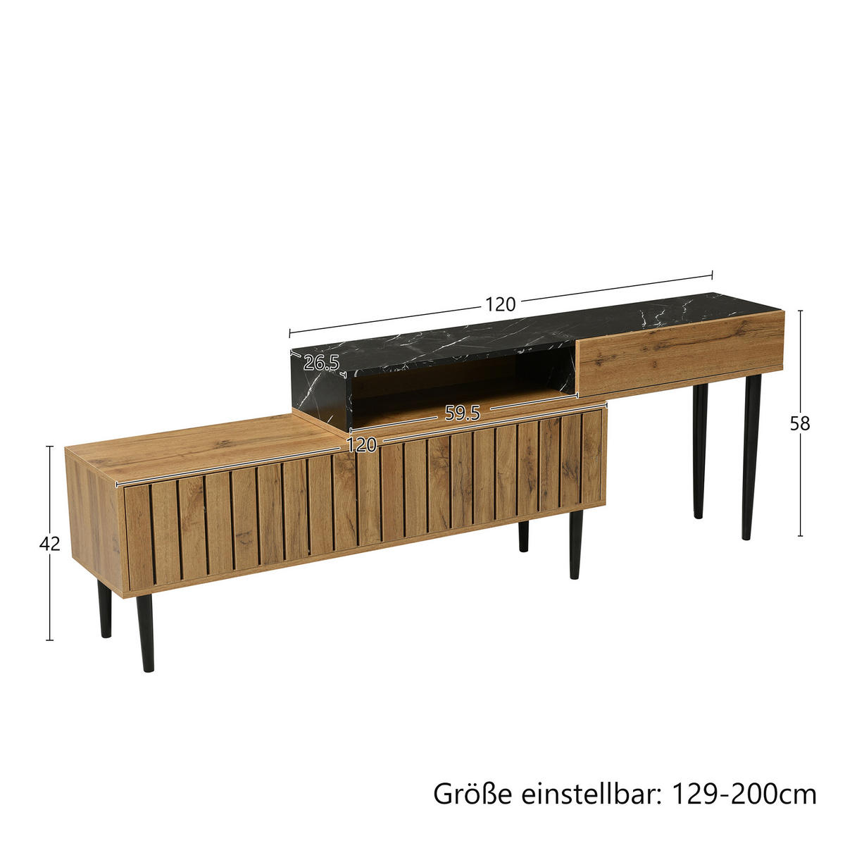 LOWBOARD in Naturfarbe mit Marmor- und Holzoptik, MDF und Eisenbeinen - Naturfarben, Holzwerkstoff (240/58/22cm) - Flora Grace