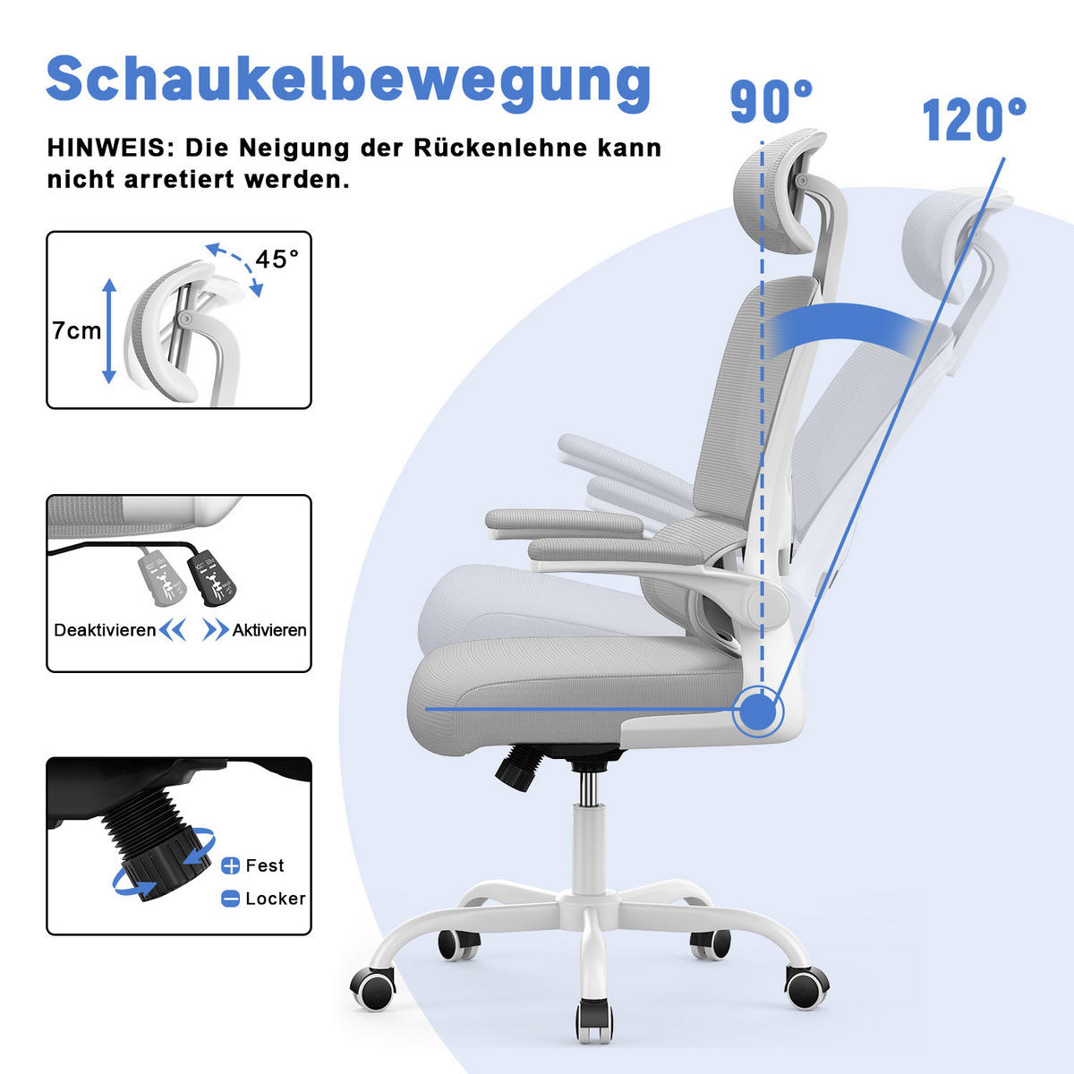 COMPUTERSTUHL drehbar, Wippfunktion – Grau - Grau, Metall (54/127/54cm) - Rattantree