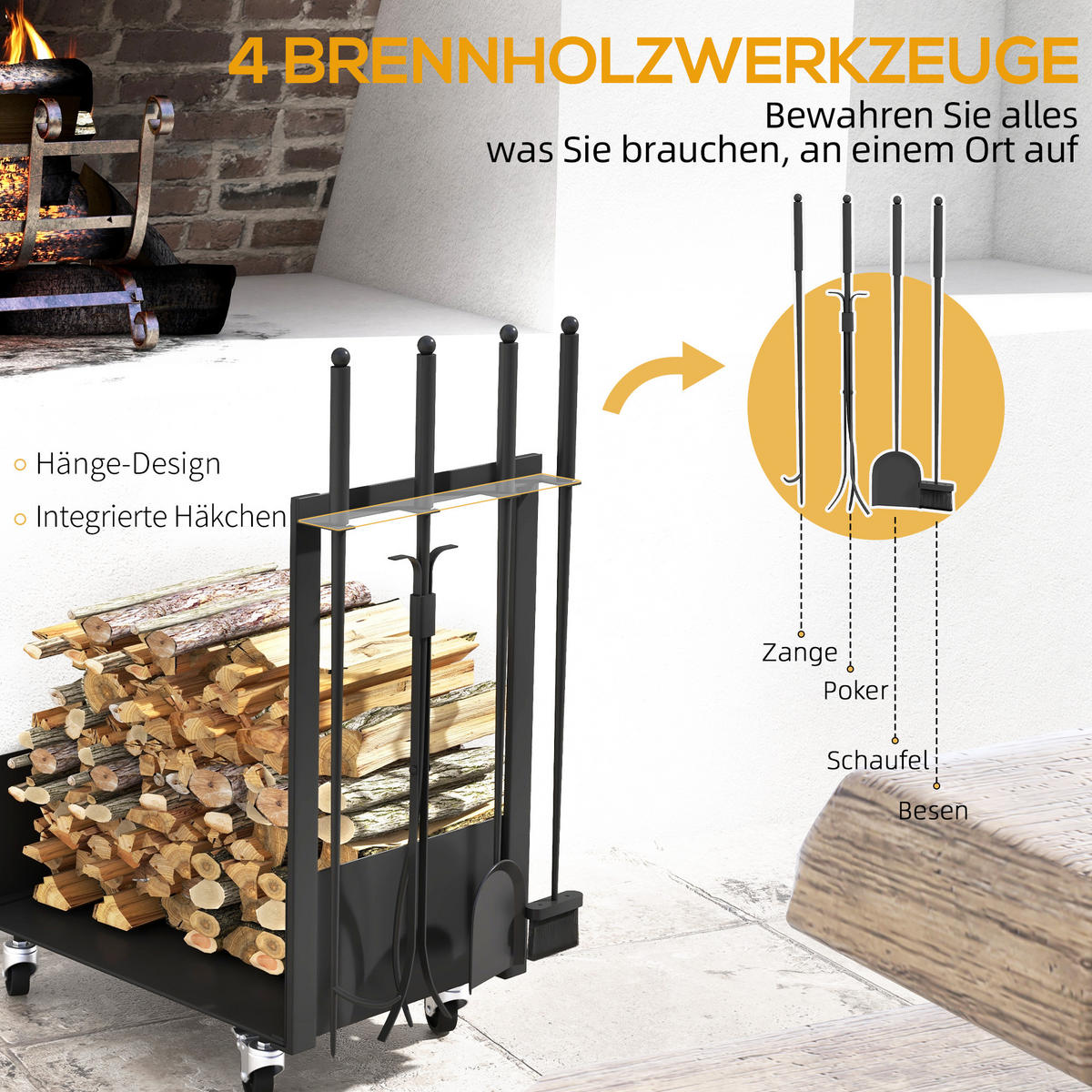 KAMINHOLZREGAL bis 60 kg - Schwarz, Metall (30/76/48cm) - Outsunny