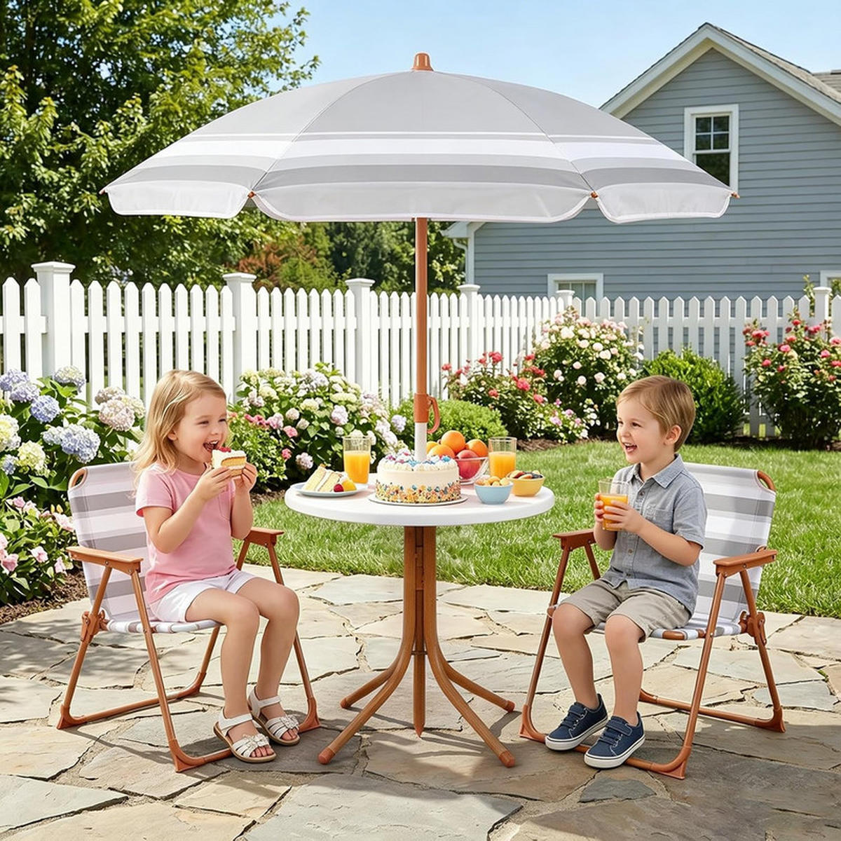KINDER-SITZGRUPPE mit Sonnenschirm natur(4-tlg) - Naturfarben, Metall - COSTWAY