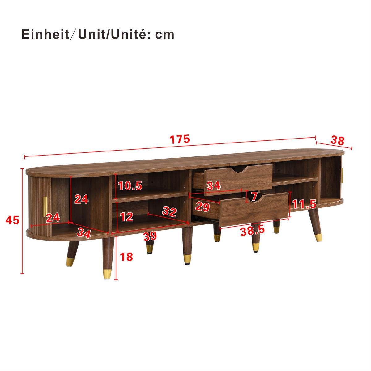 TV Lowboard 175 cm, Nussbaumoptik, Rattan-Schiebetür, Stauraum - Braun, Holz (175/45/38cm)
