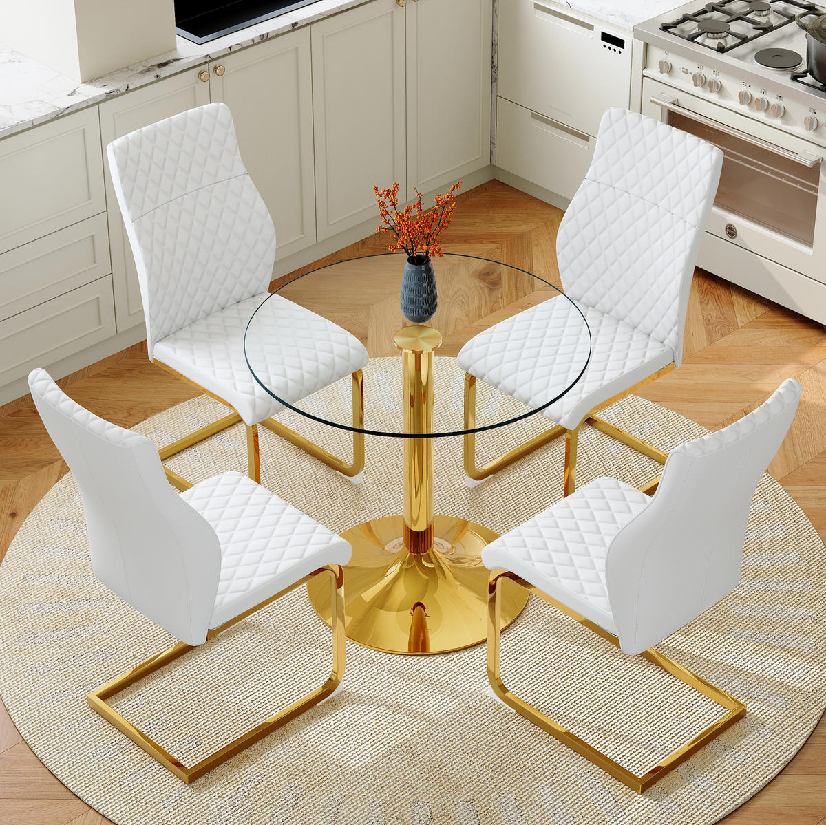 ESSZIMMER-SET mit Glastisch 85 cm Transparent/Weiß-Gold 5-tlg. - Transparent, Metall (85/76/85cm) - Meubliv