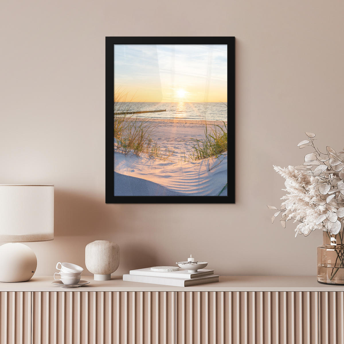 GERAHMTES BILD Strand - Sonne - Düne - Gras - Sand - Horizont 30x40 cm - Hellblau, Papier (30/40cm) - MuchoWow