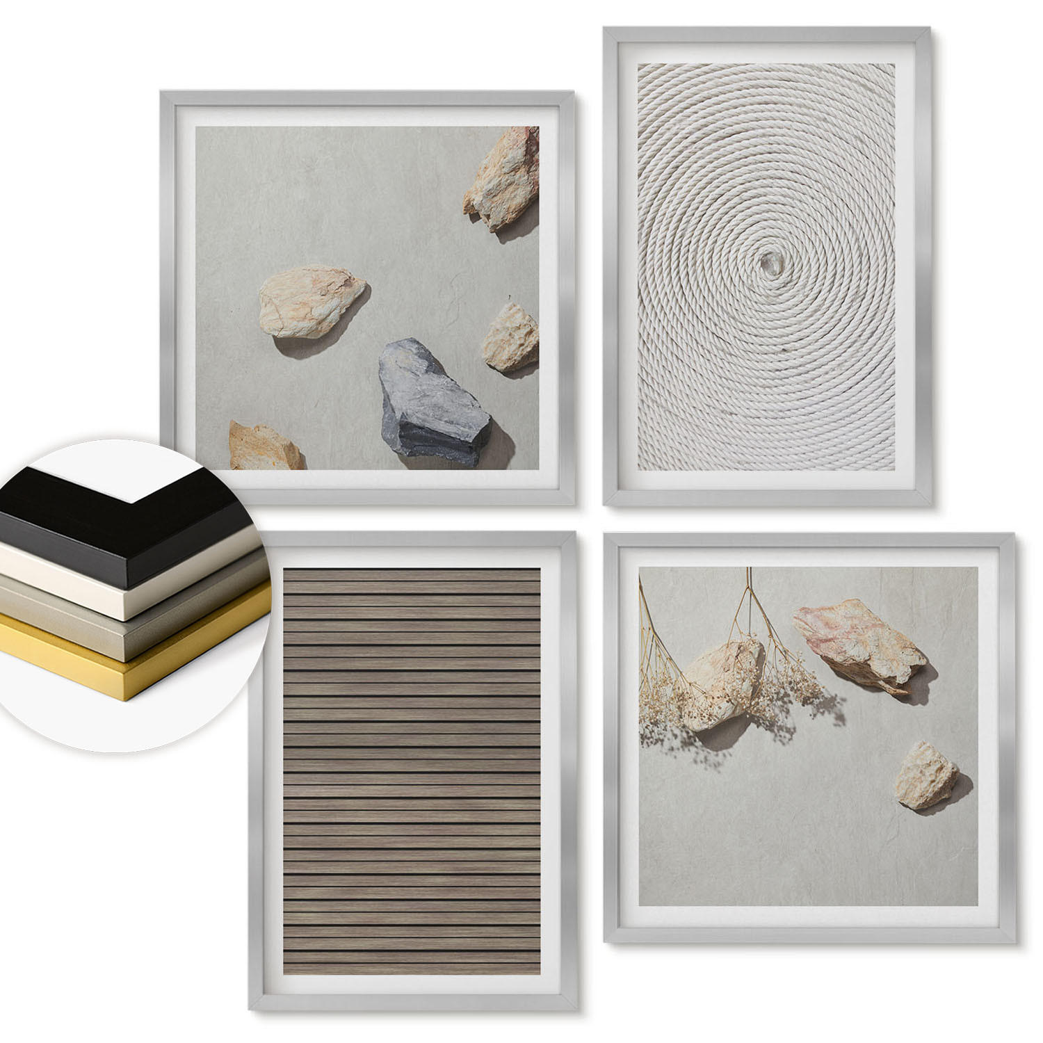 WANDBILDER 4er Set - 50x50 cm & 40x60 cm Silberner Rahmen - Natürliche Texturen Holz Steine - Silberfarben, Kunststoff (50/50cm) - ArtPrintCave