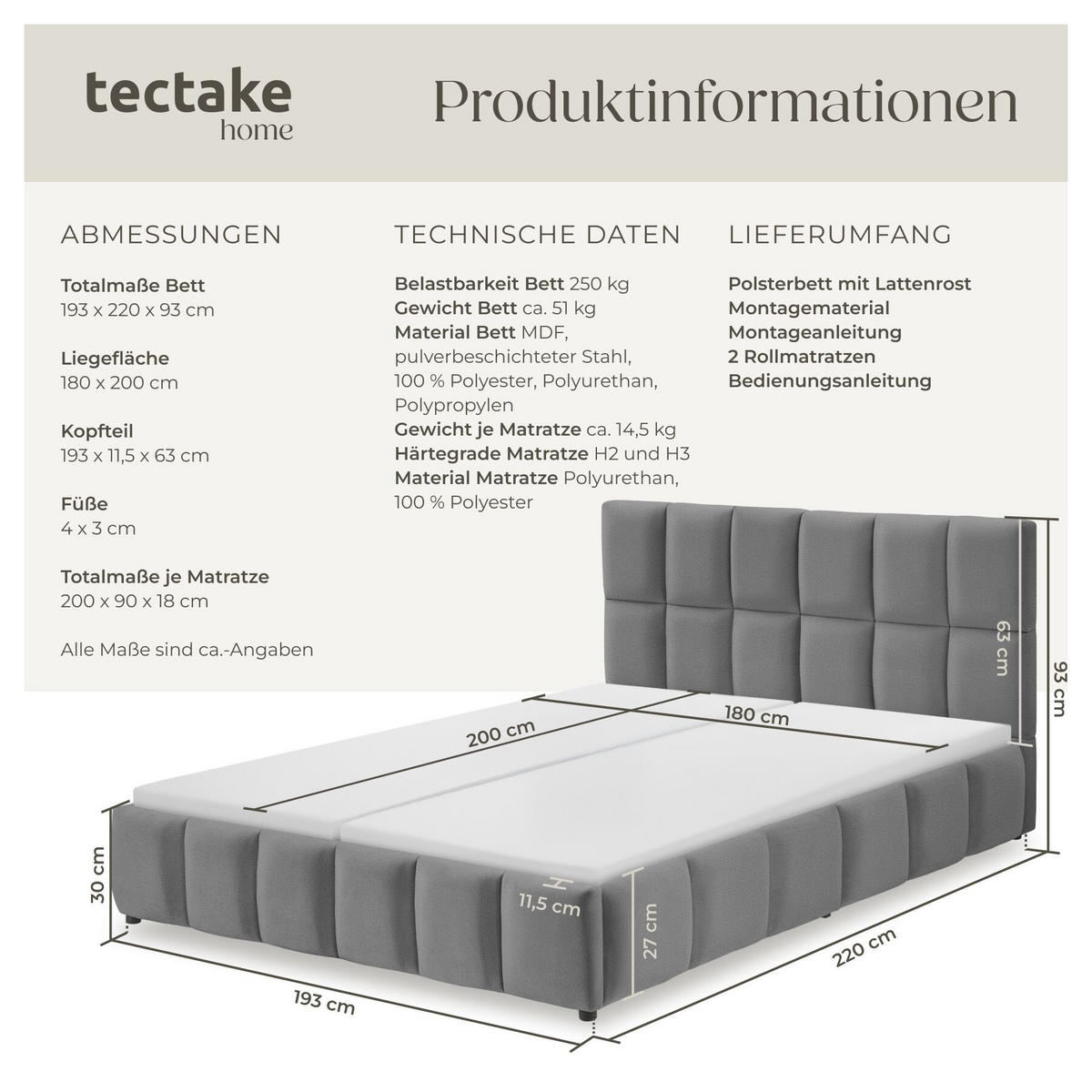 BETTSET , 250 kg Belastbarkeit, bodenschonende Kunststofffüße, Samtoptik dunkelgrau - Dunkelgrau, Holz (180/200cm) - tectake