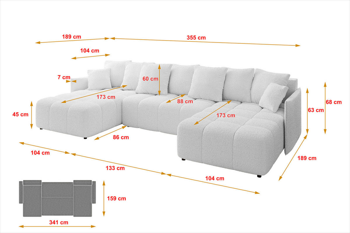 WOHNLANDSCHAFT LONLI-U 355x189x68 Weiß Bouclé - Weiß, Holzwerkstoff/Kunststoff (355/68/189cm) - ALTDECOR