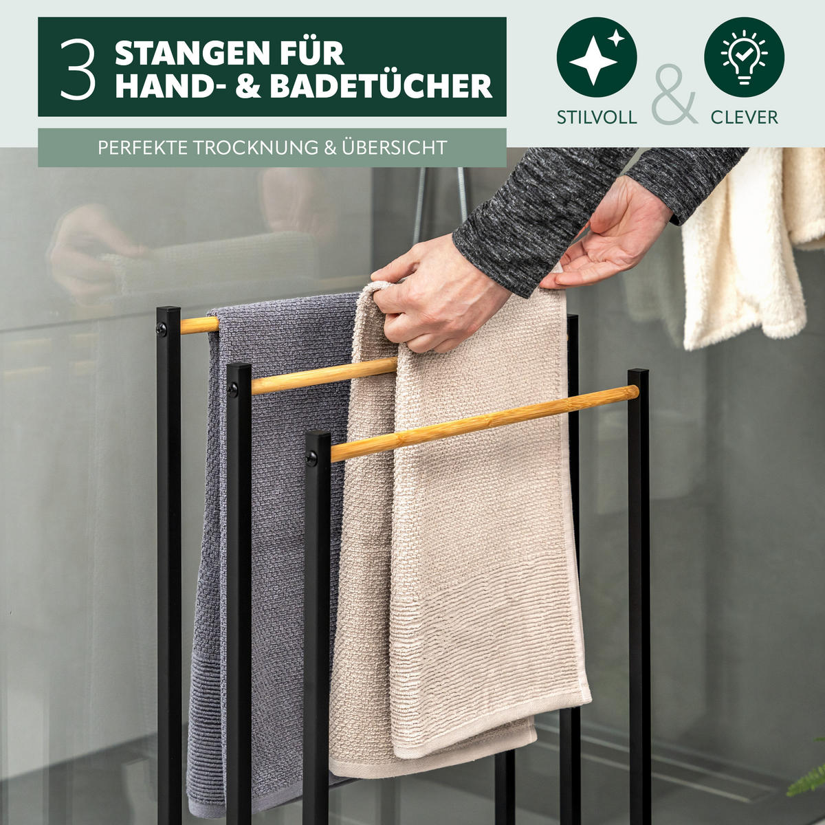 STAND-HANDTUCHHALTER, Bambus/Metall schwarz - Schwarz, Metall (45.5/76.5/22cm) - eluno