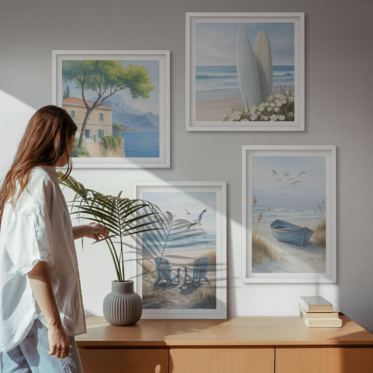 BILDER SET 4er Set - 50x50 cm & 40x60 cm Weißer Rahmen - Strandbretter, Surfboote, Vögel - Weiß, Kunststoff (50/50cm) - TULUP