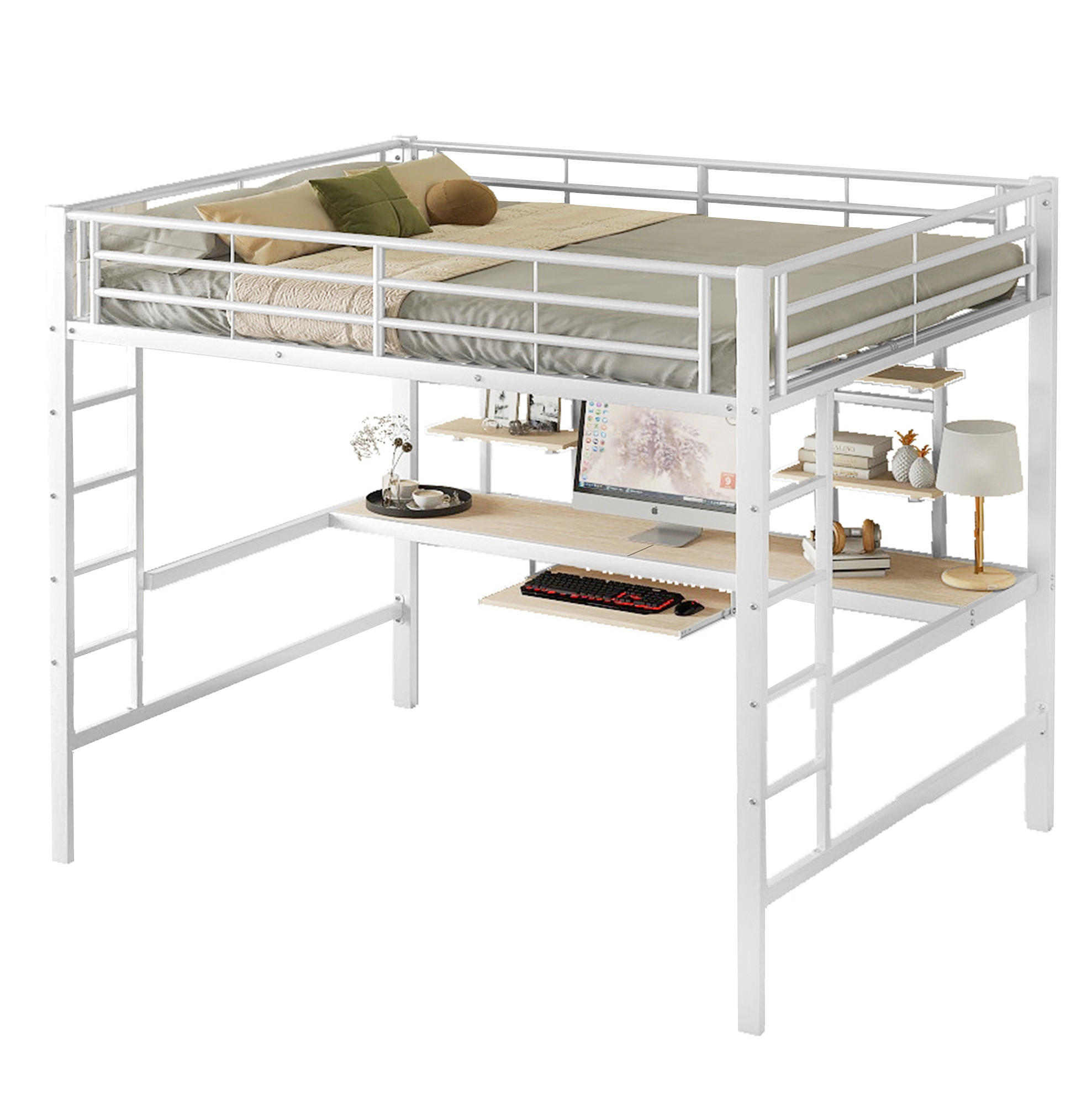 HOCHBETT 140/200 cm aus Metall mit Schreibtisch und 2 Regalen, Weiß - Weiß, Metall (140/200cm) - Flora Grace
