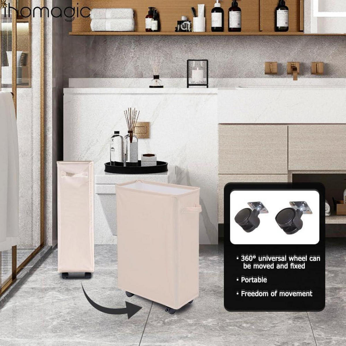 WÄSCHEKORB mit Rädern 40L Beige - Beige, Textil (18.5/39/58cm)