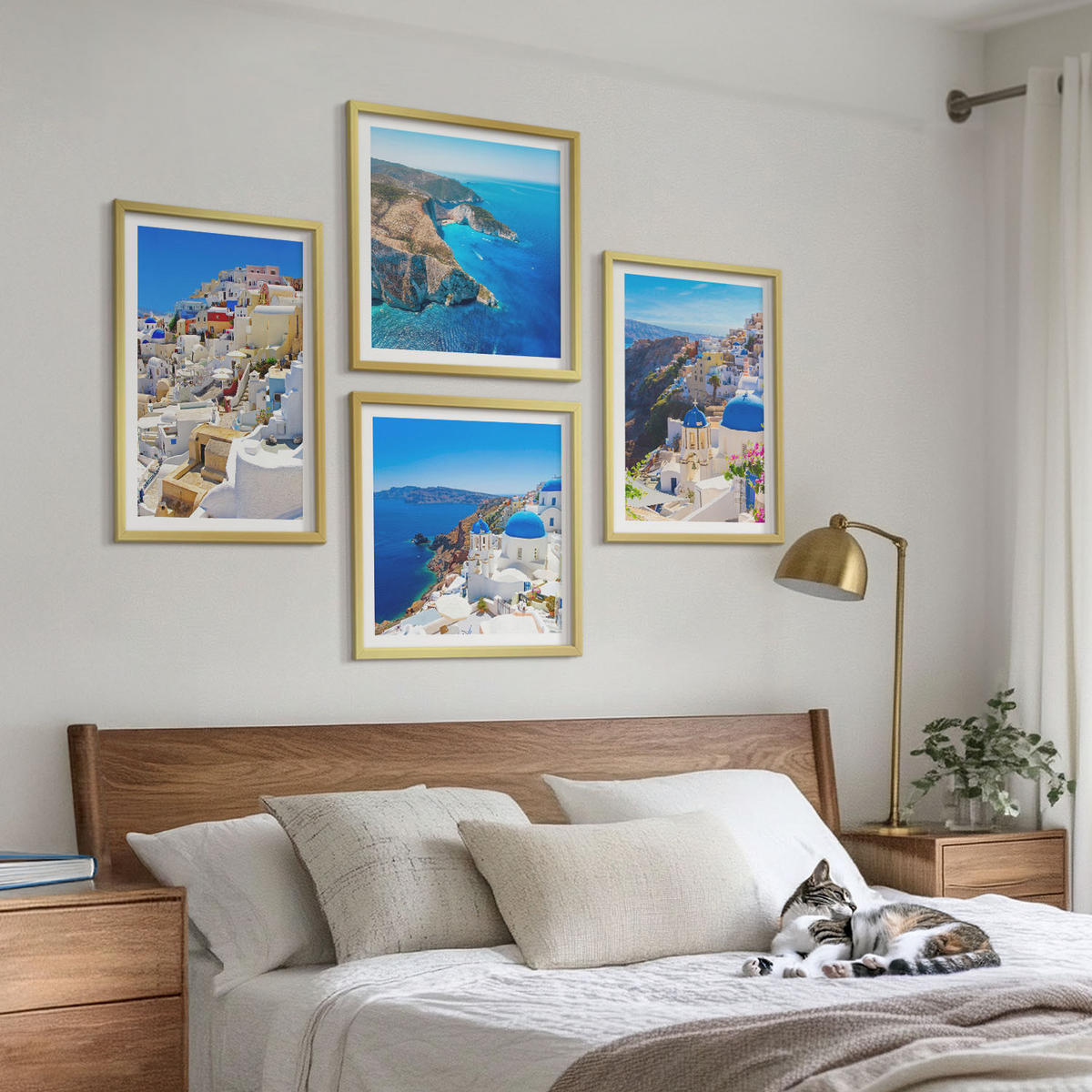 WANDBILDER 4er Set - 50x50 cm & 40x60 cm Goldrahmen - Architekturlandschaft Oia Santorin Griechenland - Goldfarben, Kunststoff (50/50cm) - ArtPrintCave