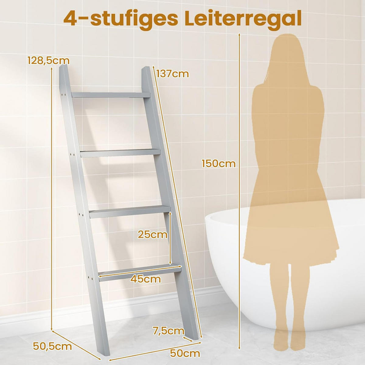 HANDTUCHLEITER mit oberer Halterung grau - Grau, Holz (50/137/7.5cm) - COSTWAY