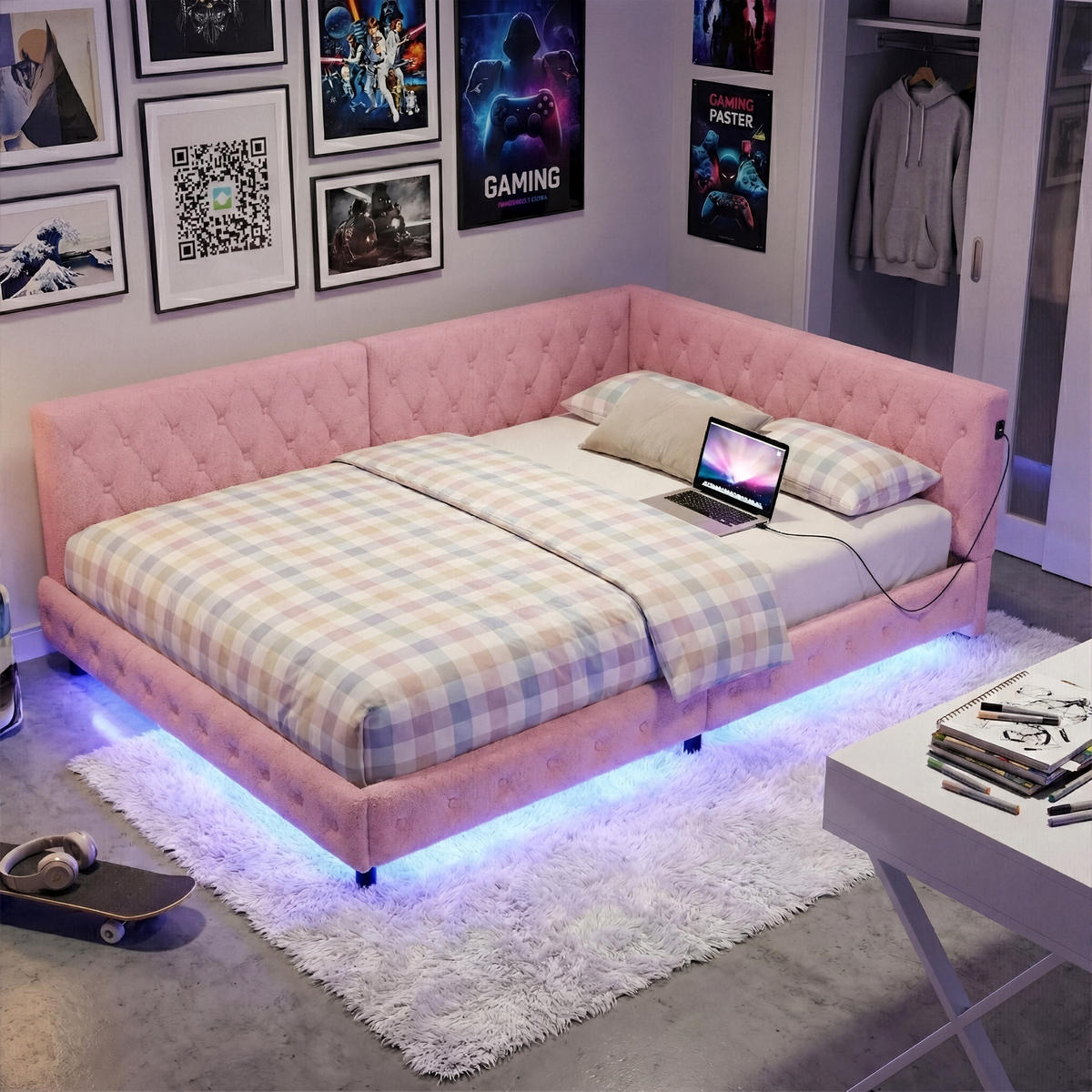 POLSTERBETT Modern 140/200 cm mit L-Eckpolsterung & LED Teddy-Plüsch Pink - Pink, Textil (140/200cm) - Creahappy