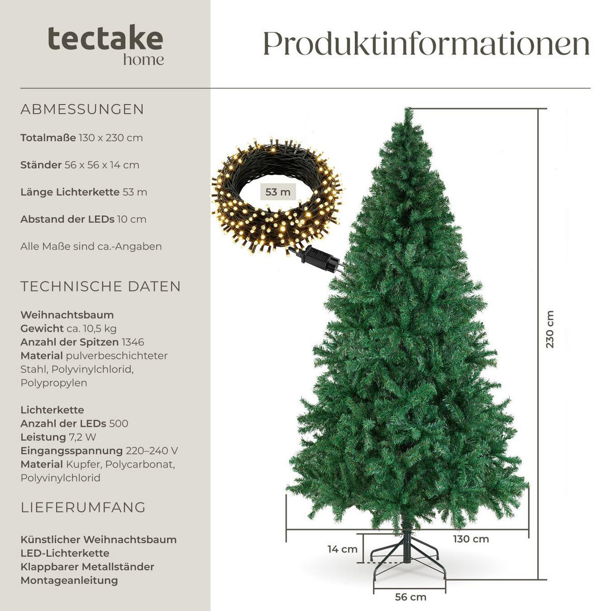 SET WEIHNACHTSBAUM MIT LICHTERKETTE ,pulverbeschichteter Metallständer mit Kunststoffkappen,grün - Grün, Kunststoff (230cm) - tectake