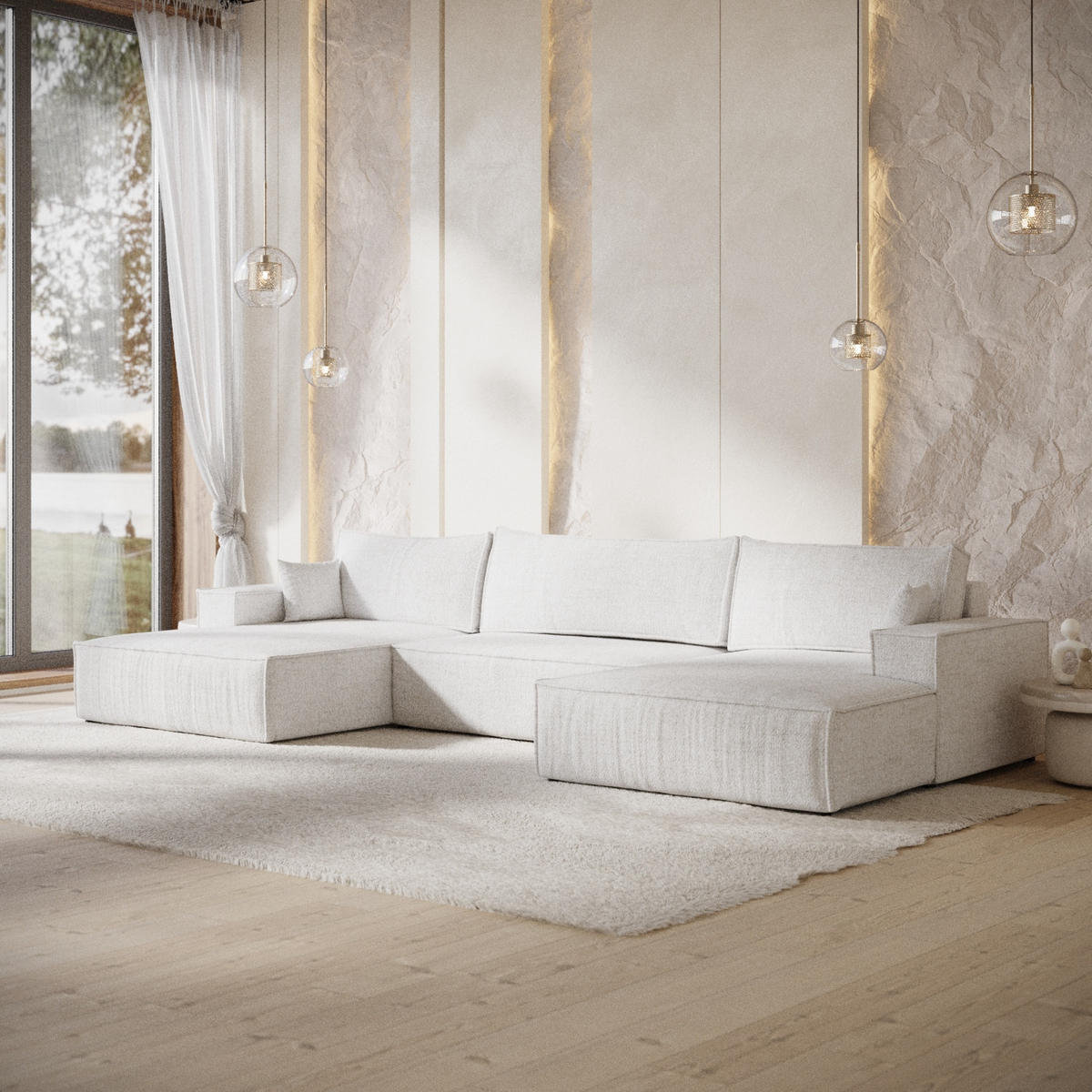 WOHNLANDSCHAFT NUBO mit Schlaffunktion Creme im Neve Stoff - Creme/Schwarz, Holz/Holzwerkstoff (398/70/148cm) - AltaBeds