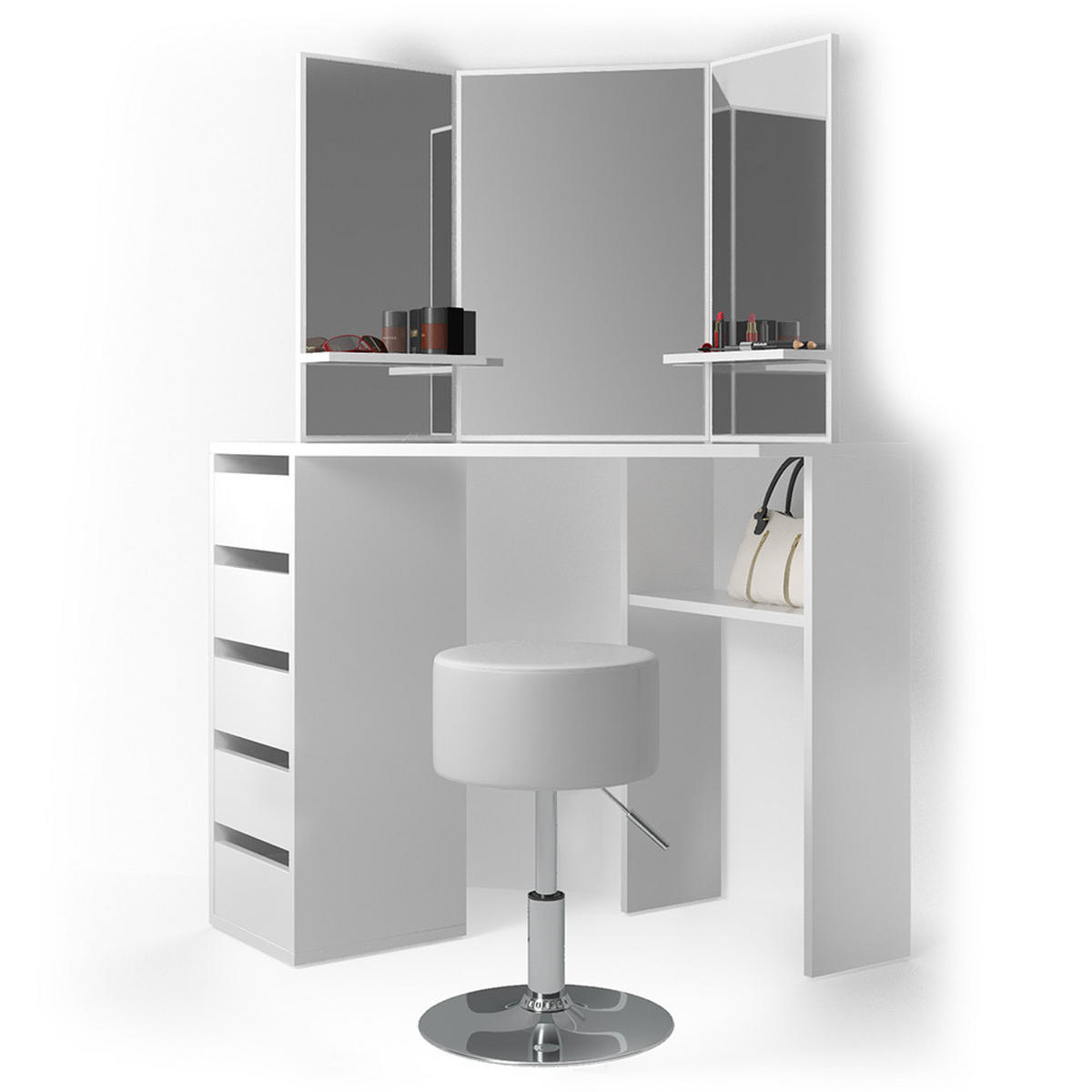 ECKSCHMINKTISCH Arielle Weiß 110 cm mit Hocker - Weiß, Holzwerkstoff (110/141.5/54cm) - Vicco