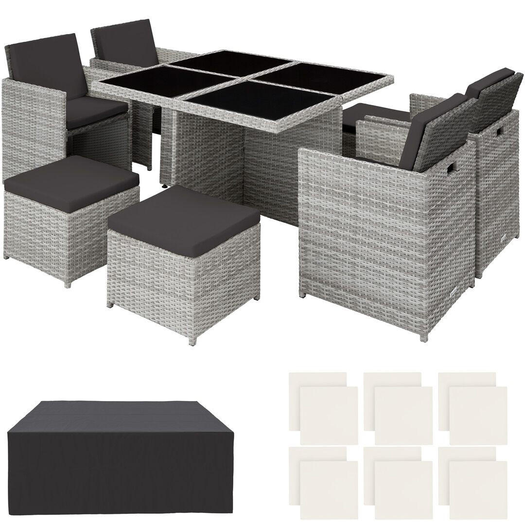 RATTAN SITZGRUPPE Manhattan,2 Bezugssets, zusammenschiebbar, inklusive Schutzhülle,hellgrau - Hellgrau, Kunststoff - tectake