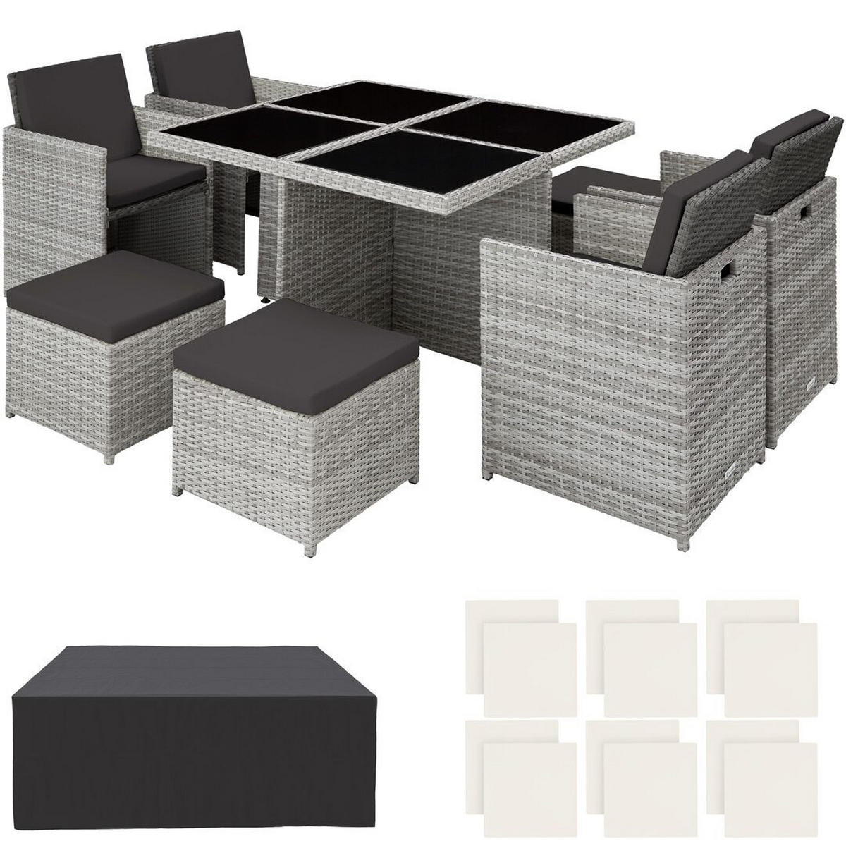 RATTAN SITZGRUPPE Manhattan,2 Bezugssets, zusammenschiebbar, inklusive Schutzhülle,hellgrau - Hellgrau, Kunststoff - tectake