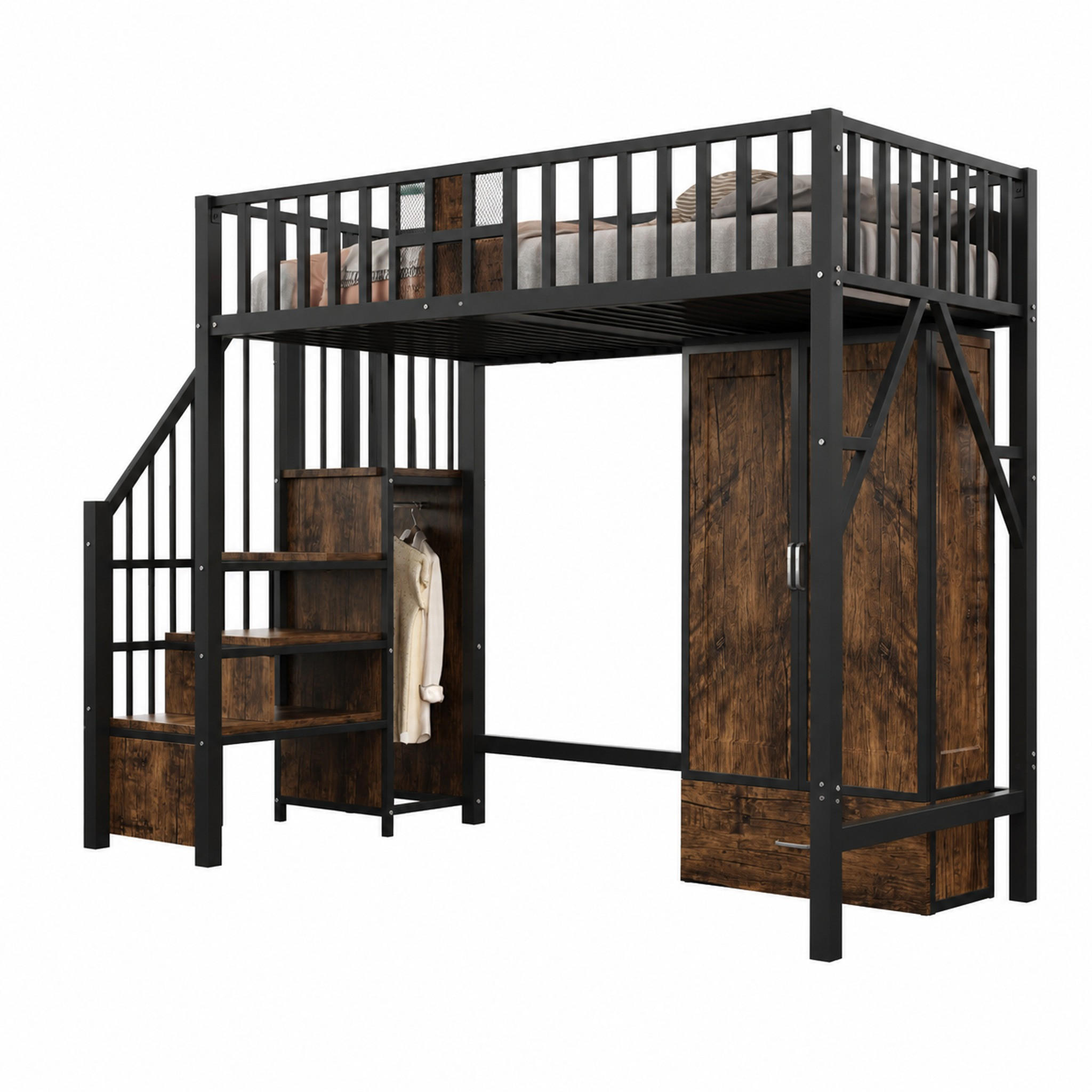 HOCHBETT mit Kleiderschrank und Aufbewahrungsleiter 90x200 cm Schwarz - Schwarz, Metall (90/200cm) - Meubliv