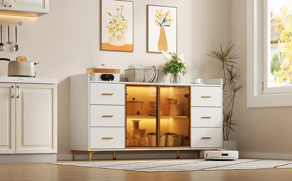 SIDEBOARD mit 6 Schubladen und Doppeltür mit Rauchglas, fernbedienbare LED, MDF, 160/44/87 cm, Weiß und Gold - Weiß, Holzwerkstoff (160/87/44cm) - Redom