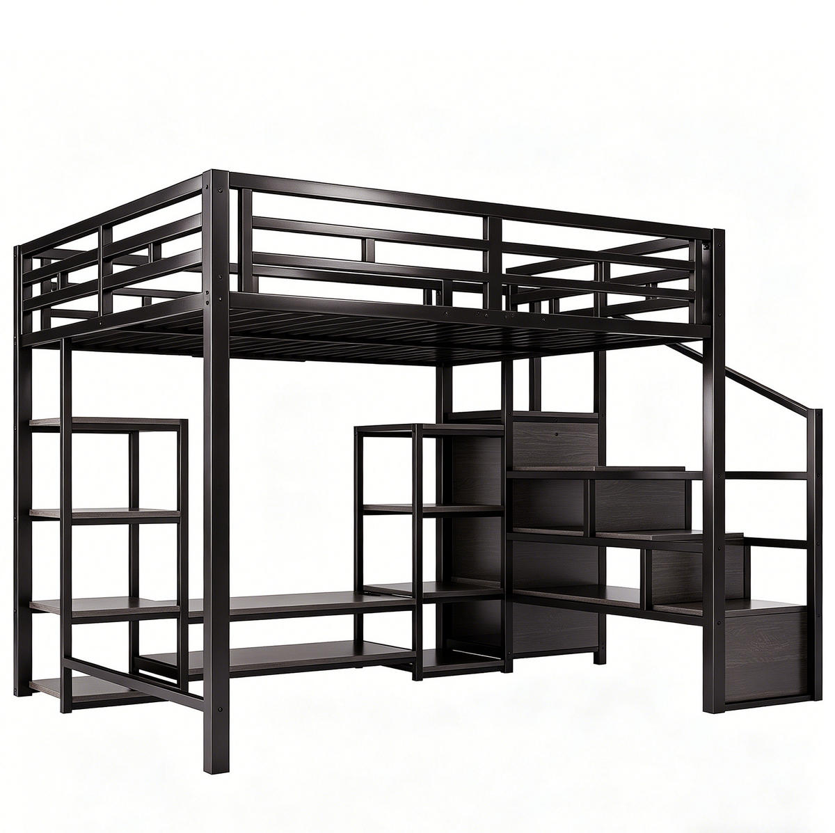 HOCHBETT mit TV-Ständer, Steckdose und Leiter, schwarz, 140/200 cm - Schwarz, Metall (140/200cm) - MIVRAY