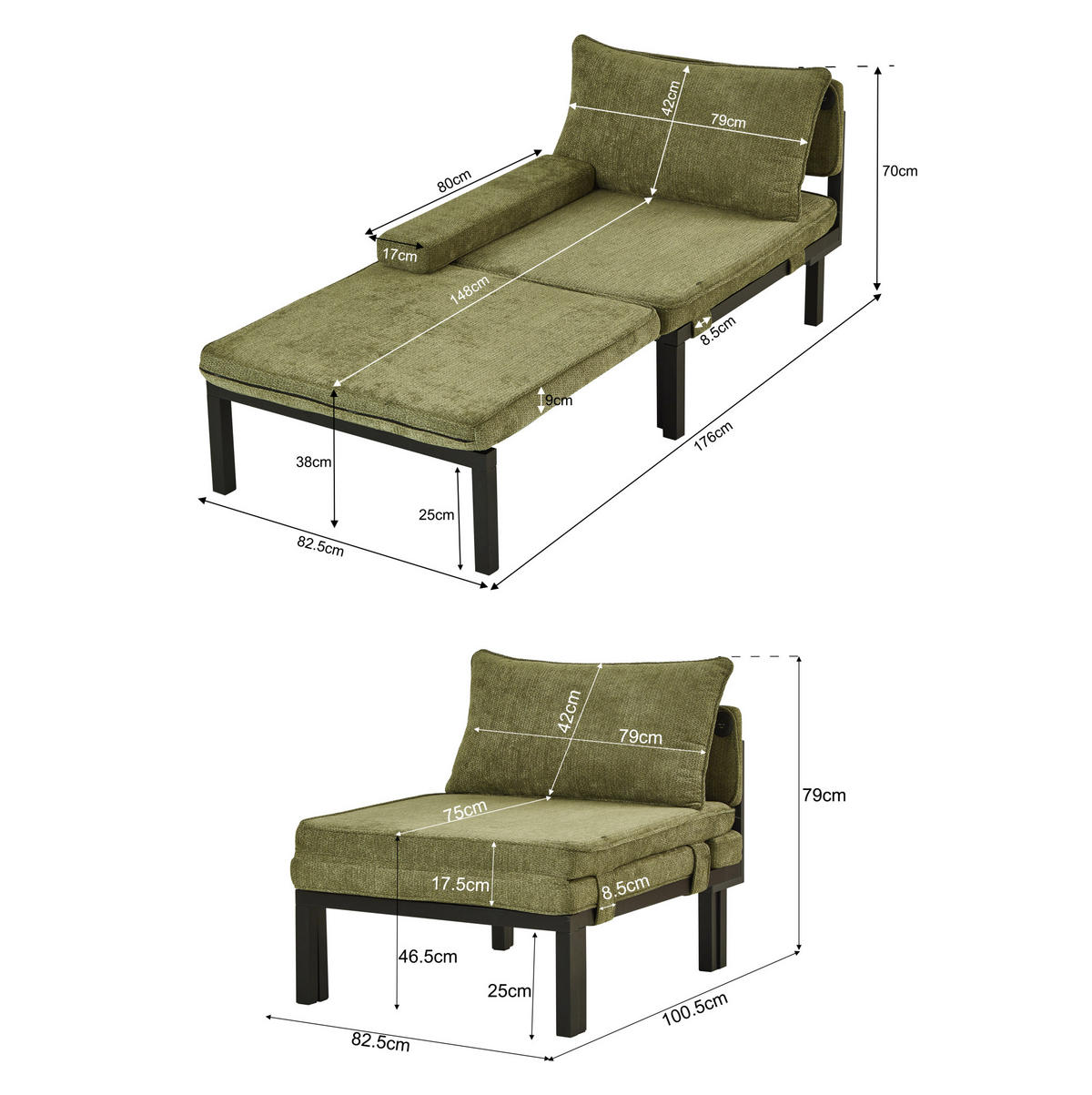 SCHLAFSESSEL mit Schlaffunktion, USB-Type-C-Anschluss und platzsparendem Ausziehdesign, Grün - Grün, Textil (82/79/176cm) - Redom