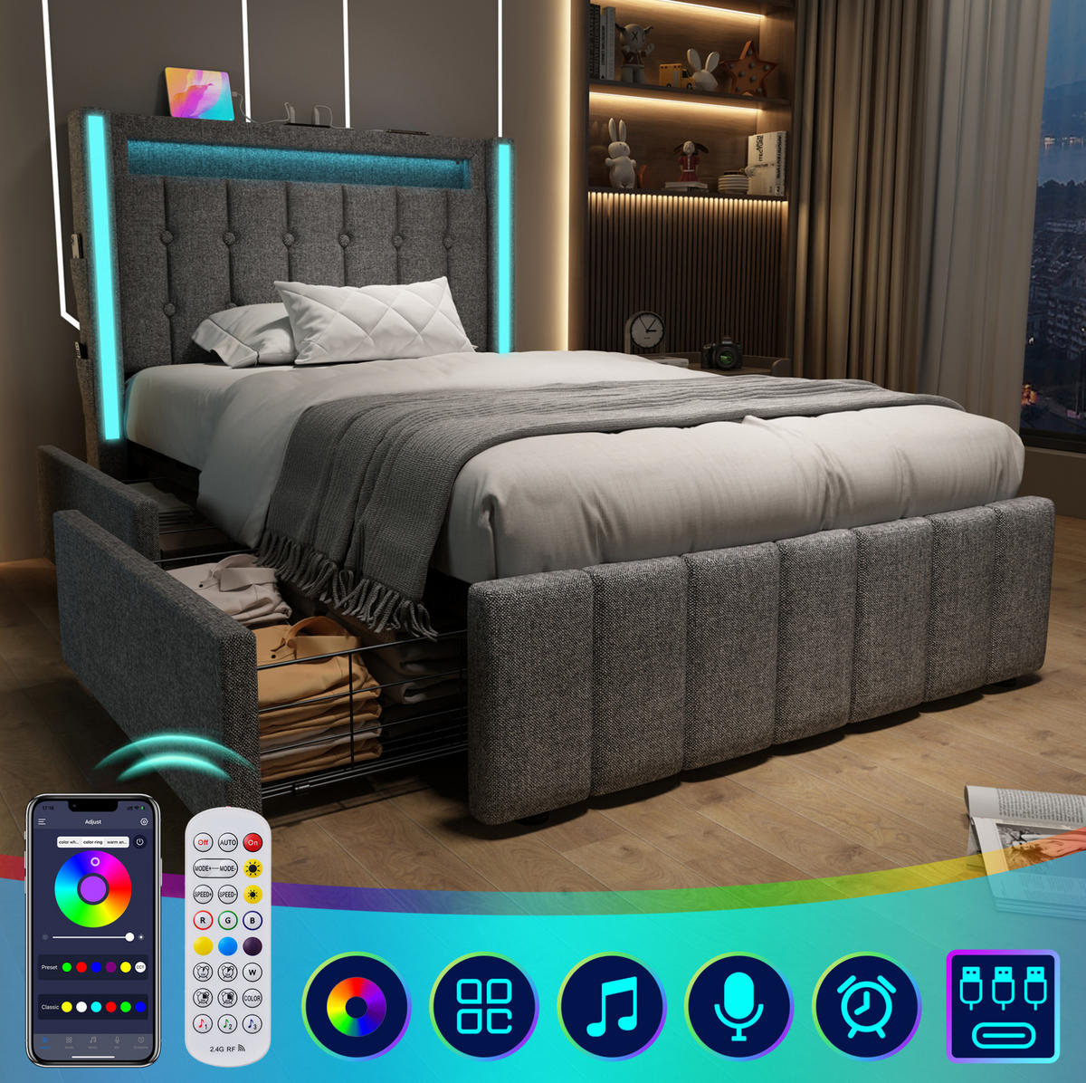 POLSTERBETT 90/200 cm Grau aus Leinen mit LED-Beleuchtung, Ladefunktion und 2 Schubladen - Grau, Textil (90/200cm) - OKMYHOME