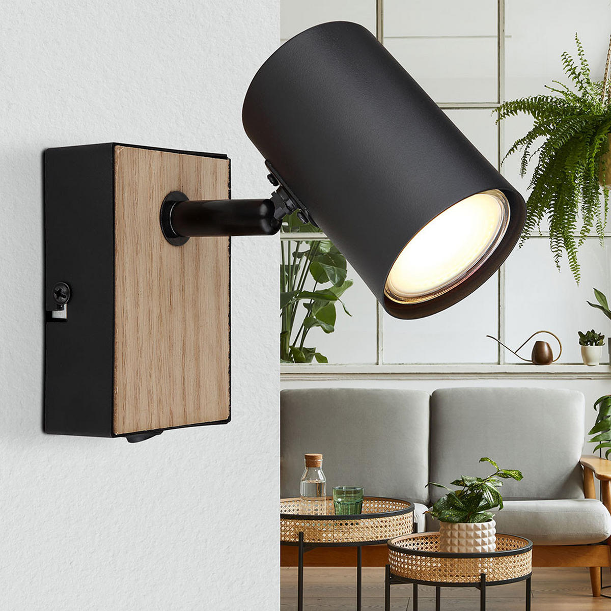 WANDLEUCHTE Metall Holzoptik Schwarz - Schwarz, Metall (7/10/7cm) - Globo Lighting