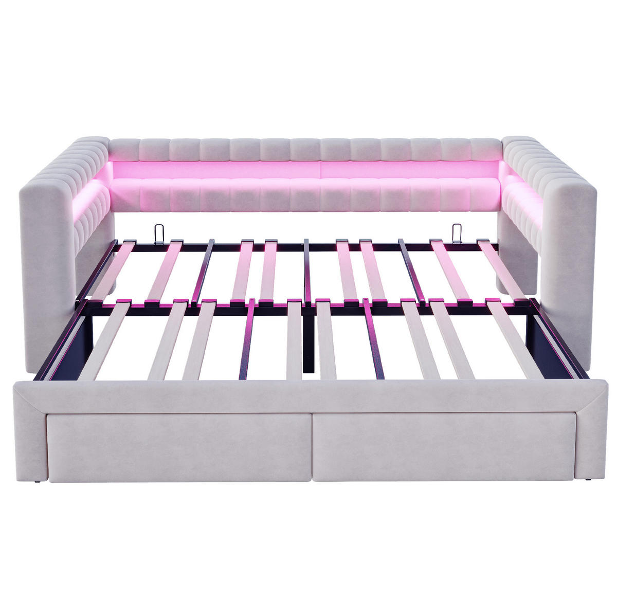ČALOUNĚNÁ rozkládací postel 90/190 cm s přistýlkou, zásuvkami, LED, USB a úložným prostorem, samet, Světle šedá - světle šedá, textil (90/190cm) - Redom