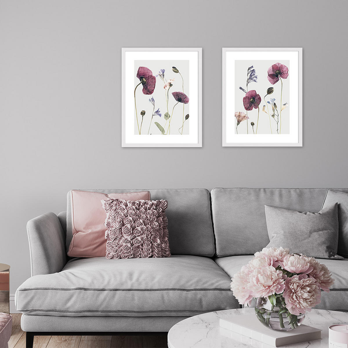 POSTER mit Rahmen 40x50 cm Mohn-Blumen rosé natur - Weiß, Holz (41/51cm) - artissimo