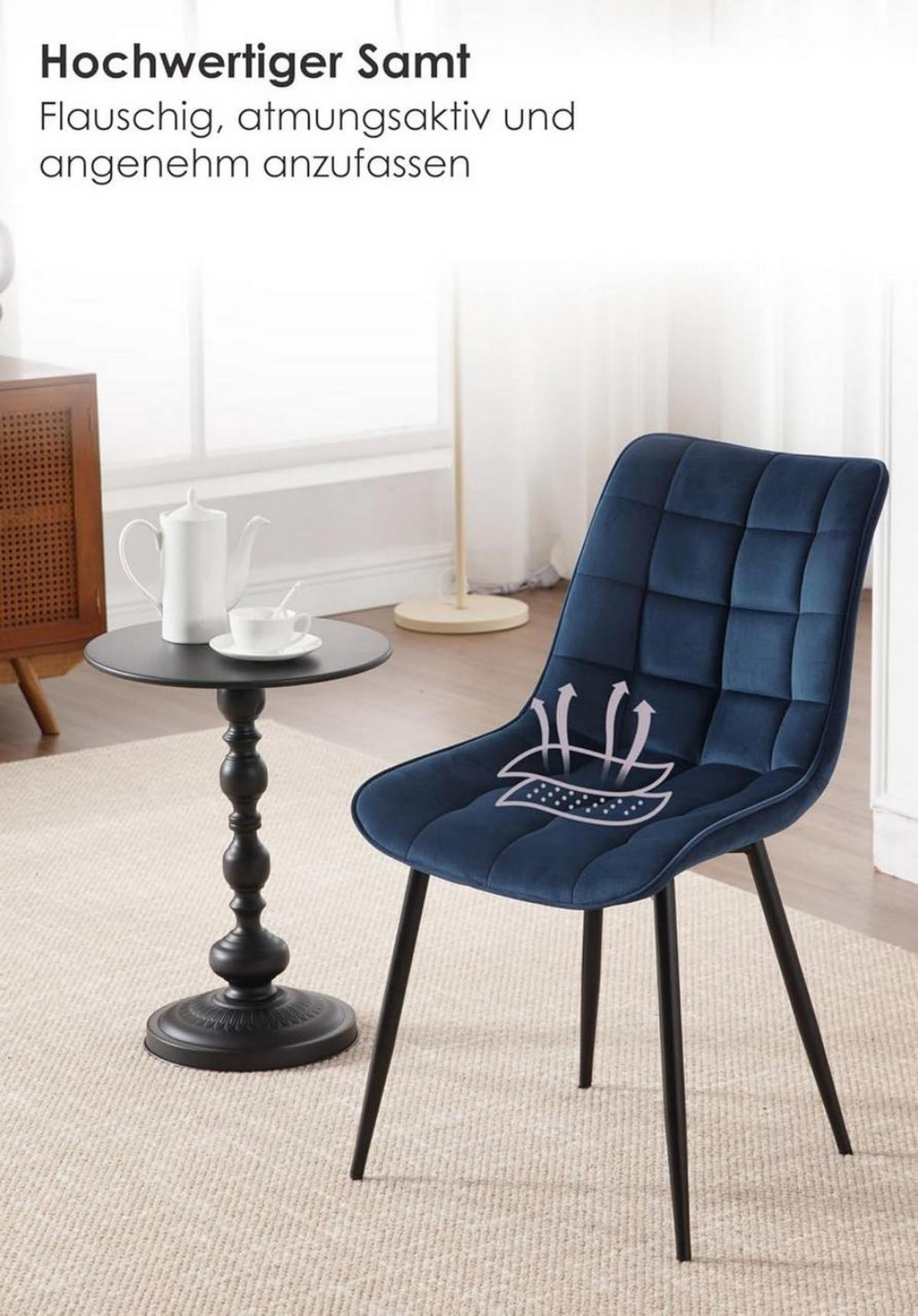 ESSZIMMERSTUHL 4er Set, Samt, Metallbeine, Blau - Blau/Schwarz, Textil/Metall (46/85.5/40.5cm) - Woltu