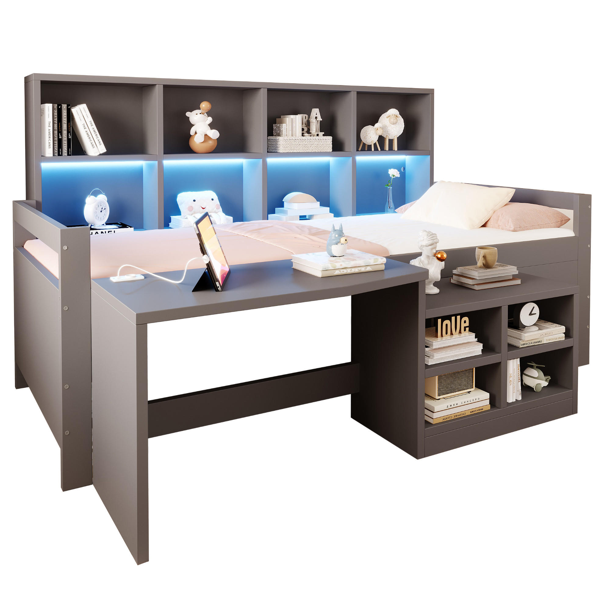 HOCHBETT 90/200 cm in Grau mit Schreibtisch, Stauraum, LED und Steckdosen aus Holz und Holzwerkstoff - Grau, Holzwerkstoff - STILVORA