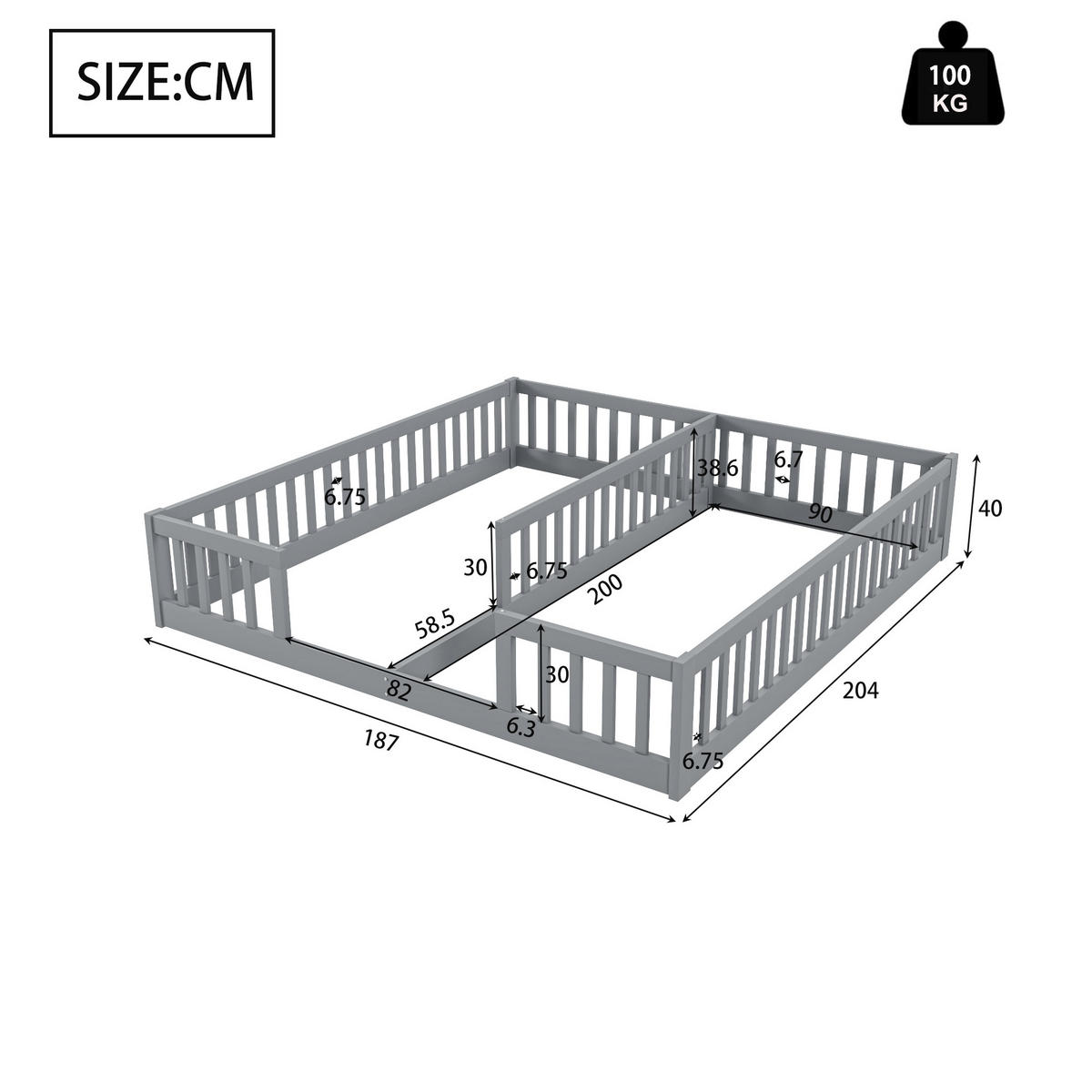 KINDERBETT 90/200 cm grau mit Sicherheitsgitter aus Kiefernholz - Grau, Holz (90/200cm) - OKWISH