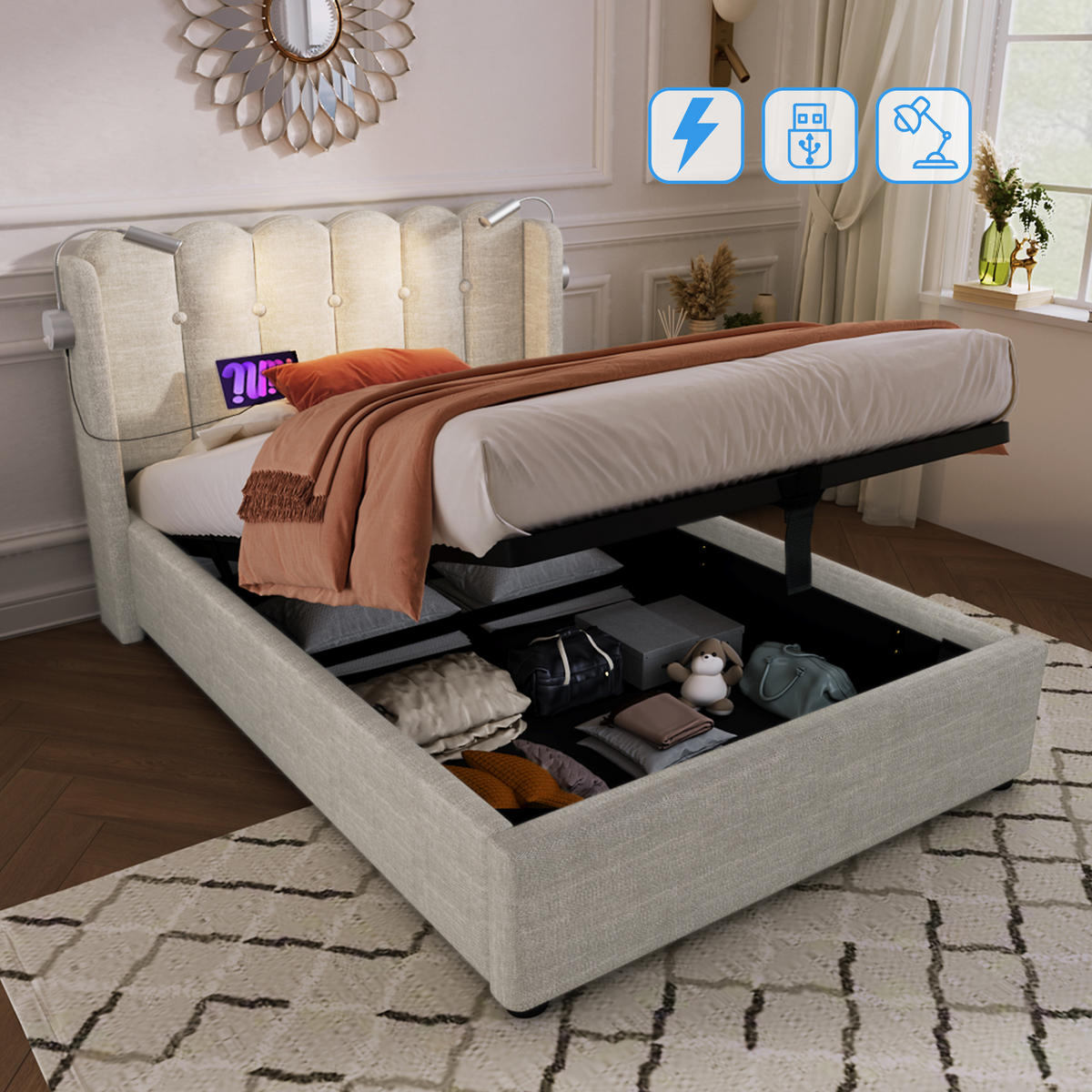POLSTERBETT 90/200 cm mit Leselicht und Ladefunktion aus Leinen in Natur Ohne Matratze - Naturfarben, Textil (90/200cm) - OKWISH