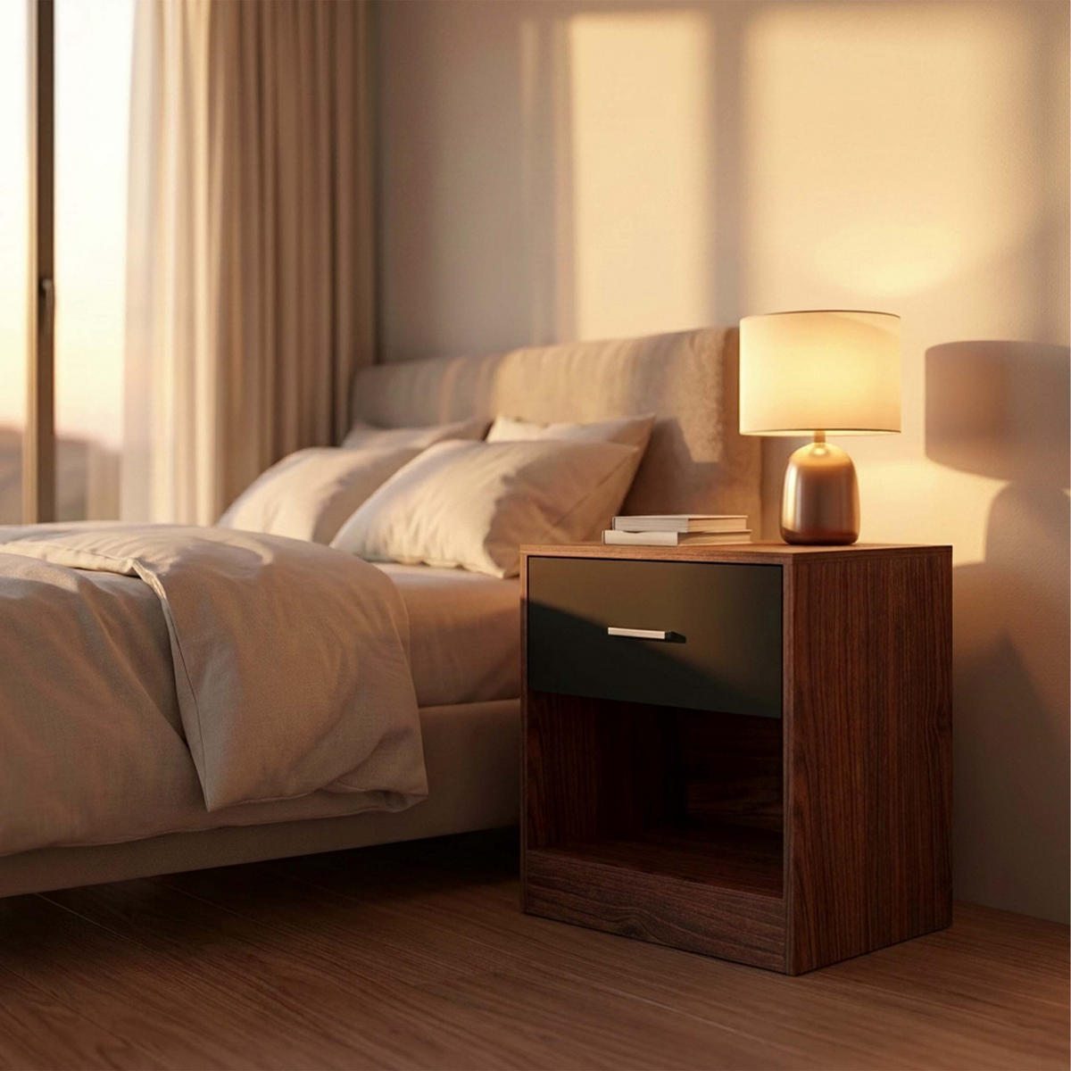 NOČNÝ STOLÍK Hnedý Čierny 2-ks so zásuvkou MDF 41x39x28 cm - hnedá, kompozitné drevo (39/41/28cm) - Relaxdays