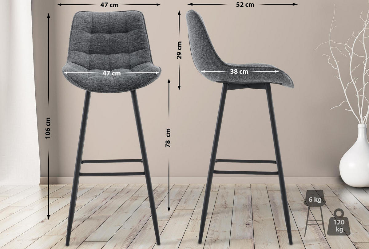 BARHOCKER 2er Set Stoff dunkelgrau - Dunkelgrau/Schwarz, Textil/Metall (47/106/52cm) - CLP