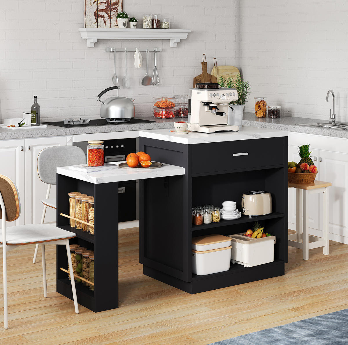 KUECHENINSEL mit ausziehbarem Esstisch 211 x 55 x 89,5 cm MDF Schwarz - Schwarz, Holz (55/89.5/211cm) - Beauniv