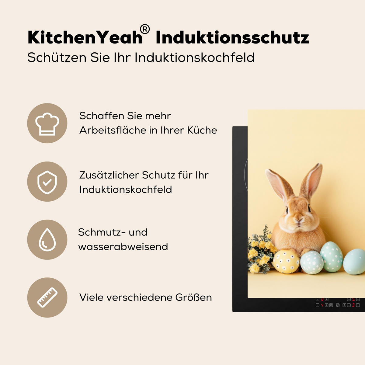 HERDABDECKPLATTE Eier - Kaninchen - Pastellfarbtöne Induktionsmatte 78x78 cm - Hellgelb, Kunststoff (78/78/0.2cm) - MuchoWow