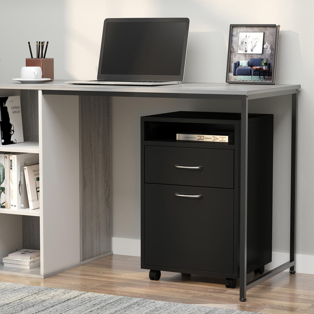 ROLLCONTAINER DE-14393 mit Schublade, Schrank und Nische Schwarz - Schwarz, Holzwerkstoff (35/60/40cm) - ComfortXL