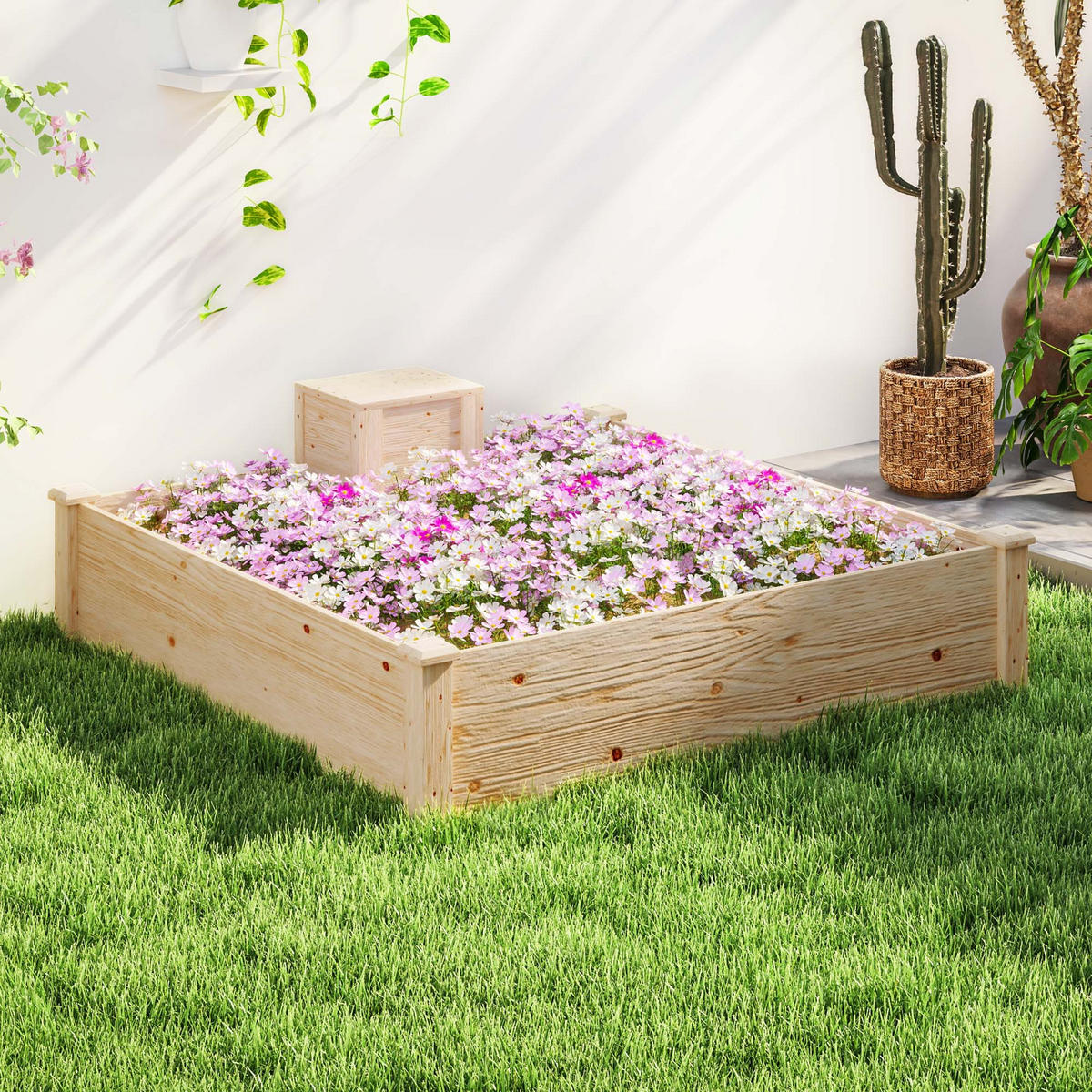HOCHBEET DE-12229 123/123/25 cm mit Komposter Naturholz - Naturfarben, Holz (123/25.5/123cm) - ComfortXL