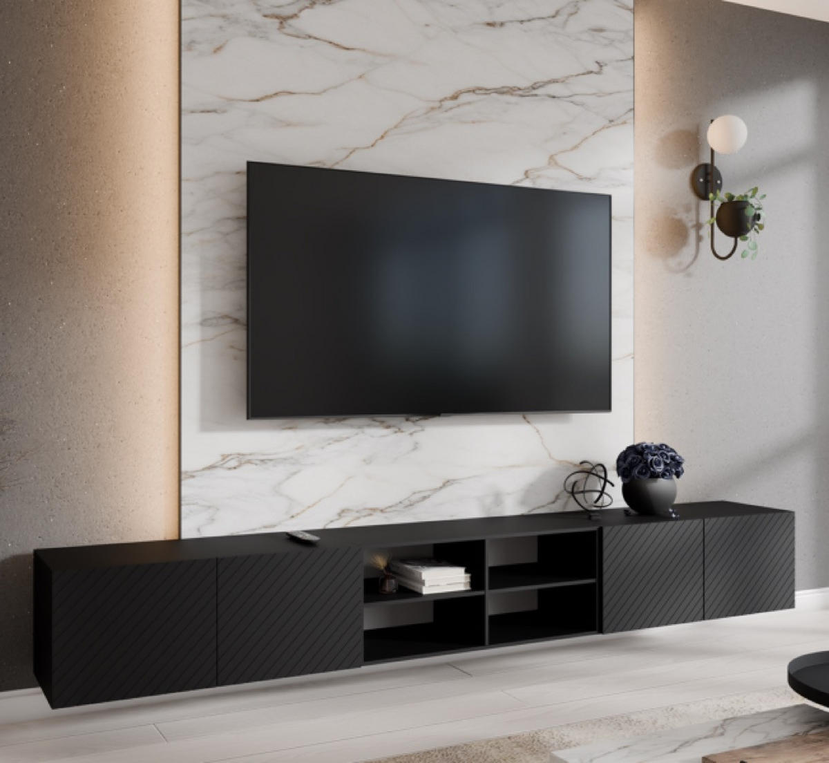TV-LOWBOARD Schwarz NIKOL Gefräste Fronten Regale 300 cm - Schwarz, Holzwerkstoff (300/41/40cm) - Sepro Meble