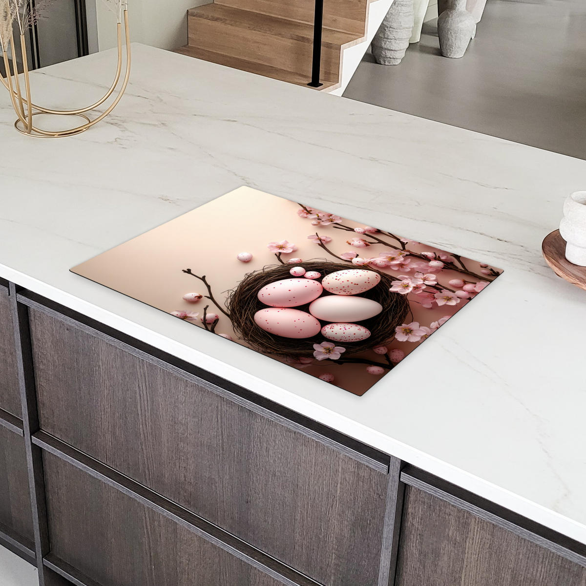 HERDABDECKPLATTE Rosa - Blüten - Eier Herdabdeckung Induktionsfeld 75x52 cm - Hellrosa, Kunststoff (75/52/0.2cm) - MuchoWow
