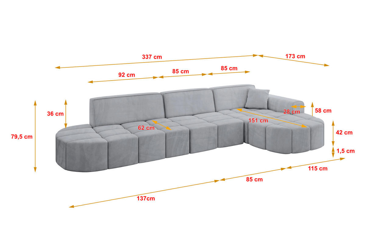 ECKSOFA Ottomane Rechts LIVO-L2 - 337x173x79,5 cm Hellgrau - Grau, Holzwerkstoff/Textil (337/173cm) - ALTDECOR
