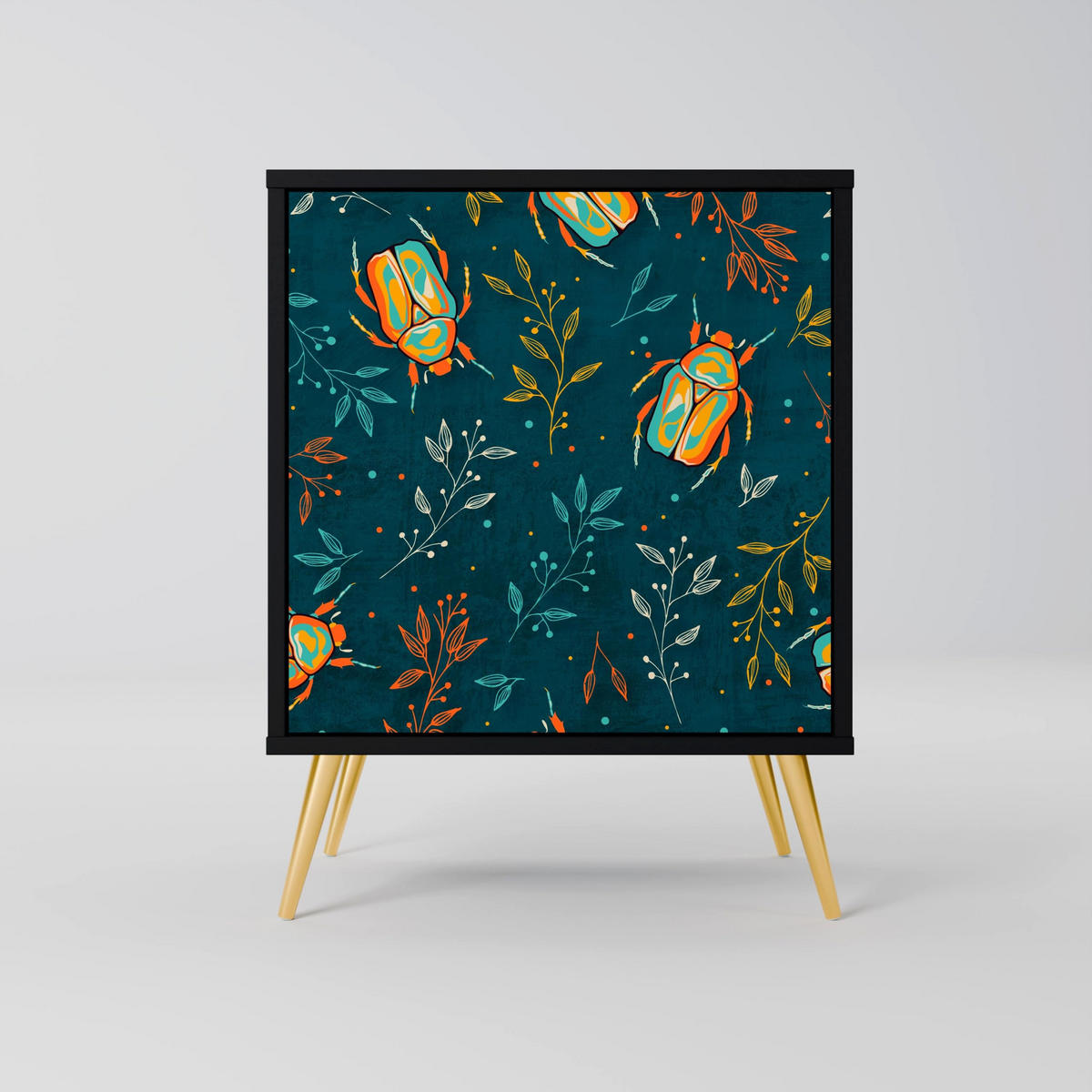 SIDEBOARD AUTUMN INSECTS, Schwarz, 57,5x42x70,5 cm, Schwarze Metall-Sternfüße - Multicolor/Schwarz, Holzwerkstoff/Metall (57.5/70.5/42cm) - SpaceRebels