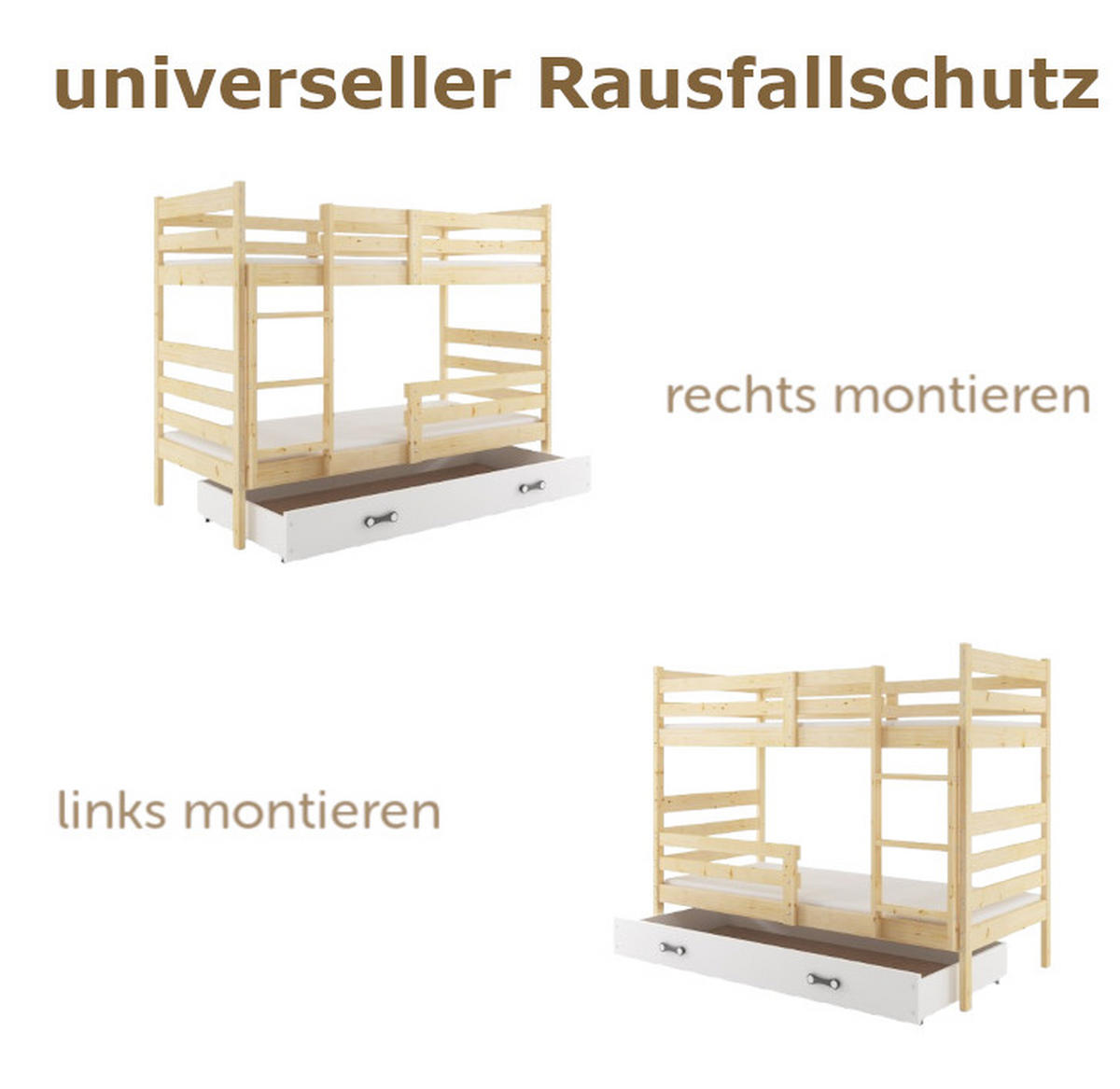 ERYK Etagenbett 200/90Kiefer Schublade Weiß ohne Matratze - Kieferfarben, Holz - Interbeds