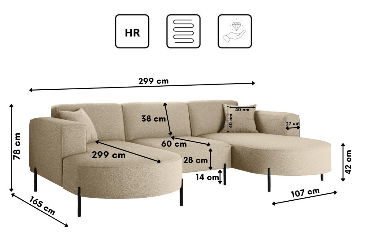 ECKSOFA Designer Modena U Rein stoff Quelle Beige - Beige, Holz (165/299cm) - Kaiser Möbel