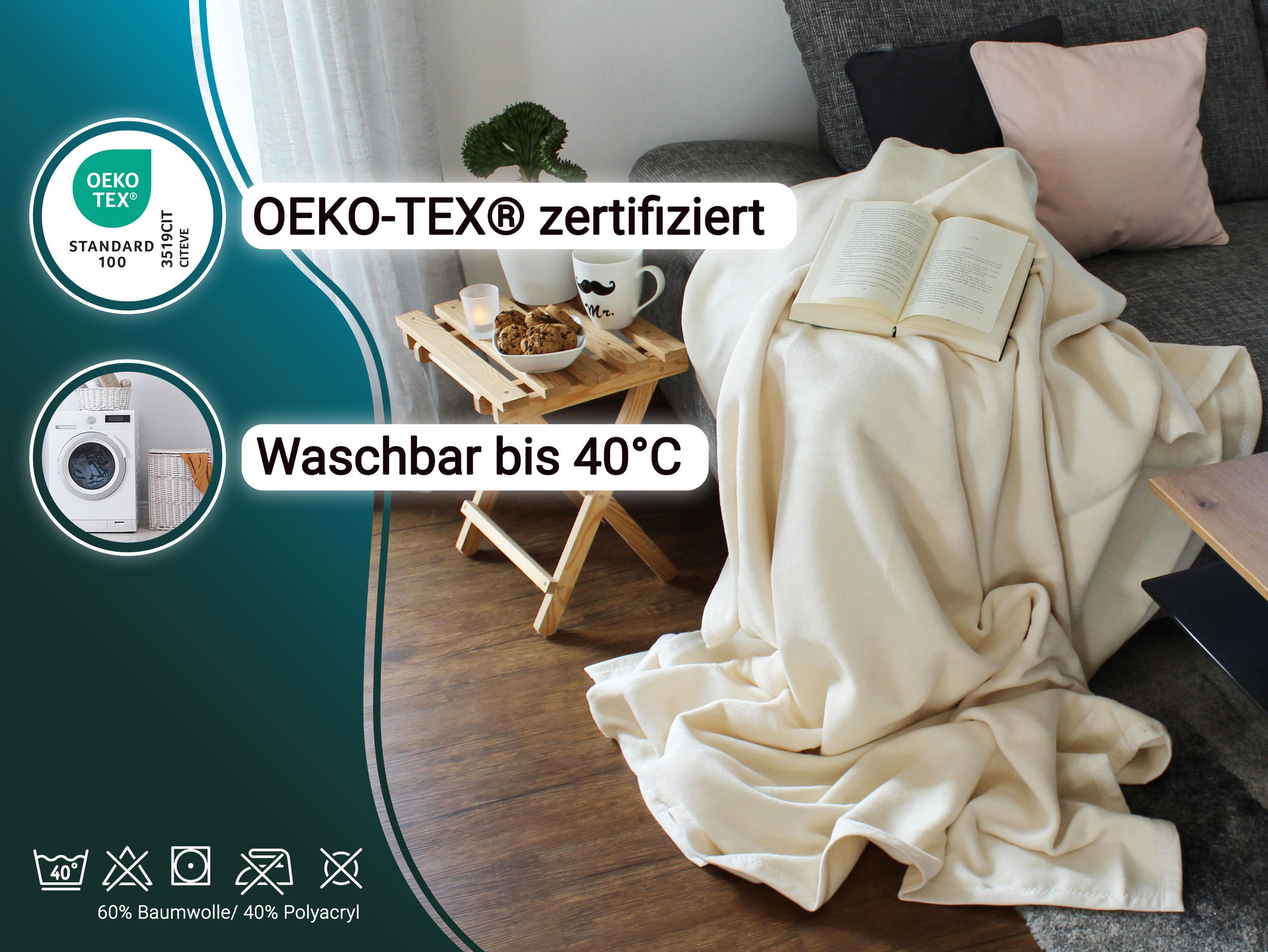 KUSCHELDECKE, 150x200 cm, 60% Baumwolle, 40% Polyacryl, Weiß - Creme, Naturmaterialien (150/200cm) - Zollner