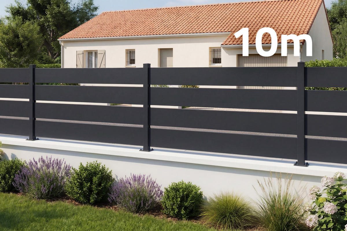 HALBOFFENER Zaun Velino 10m x H.80cm schwarzer Stahl - Schwarz, Metall (1000/84cm) - Casanoov