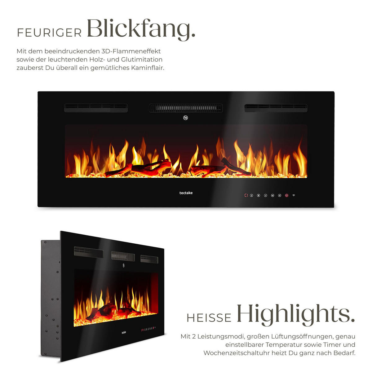 ELEKTRO-WANDKAMIN Luci, mit Fernbedienung und App-Steuerung, integriertes Thermostat, schwarz - Schwarz, Metall (106.5/43/12cm) - tectake